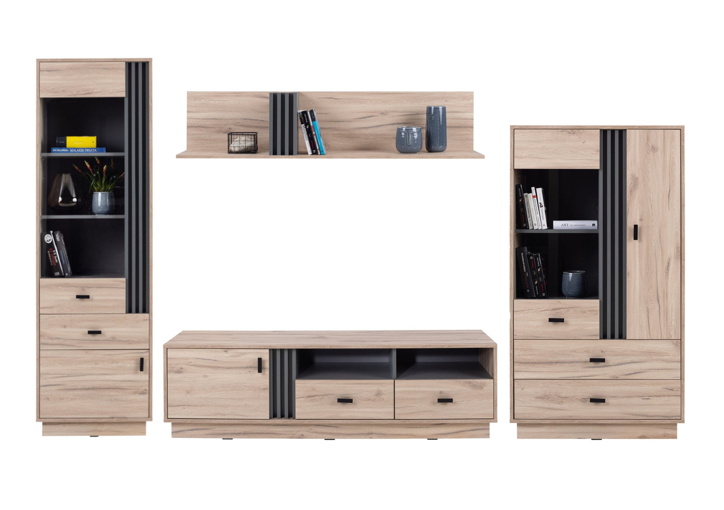 Deine Möbel 24 Wohnwand ALL III Wohnzimmer Anbauwand mit Lamellen, (Eiche Anthrazit Natur Set, 4-St., Eiche Anthrazit Natur), Wohnzimmer Set TV-Board Regal Vitrine Hängeregal