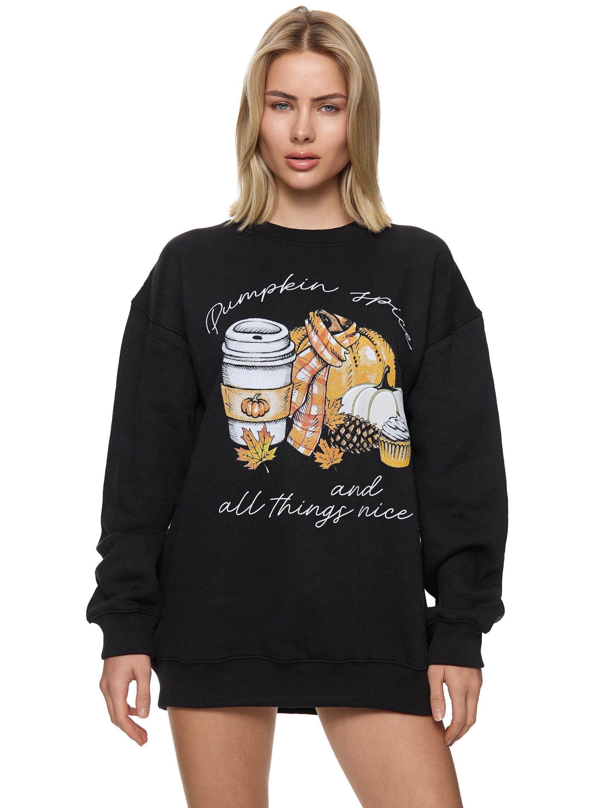 Worldclassca Sweatshirt Worldclassca Oversized Sweatshirt PUMPKIN Print Langarm Pullover Pulli PRINT PUMPKIN SPICE AND ALL THINGS NICE