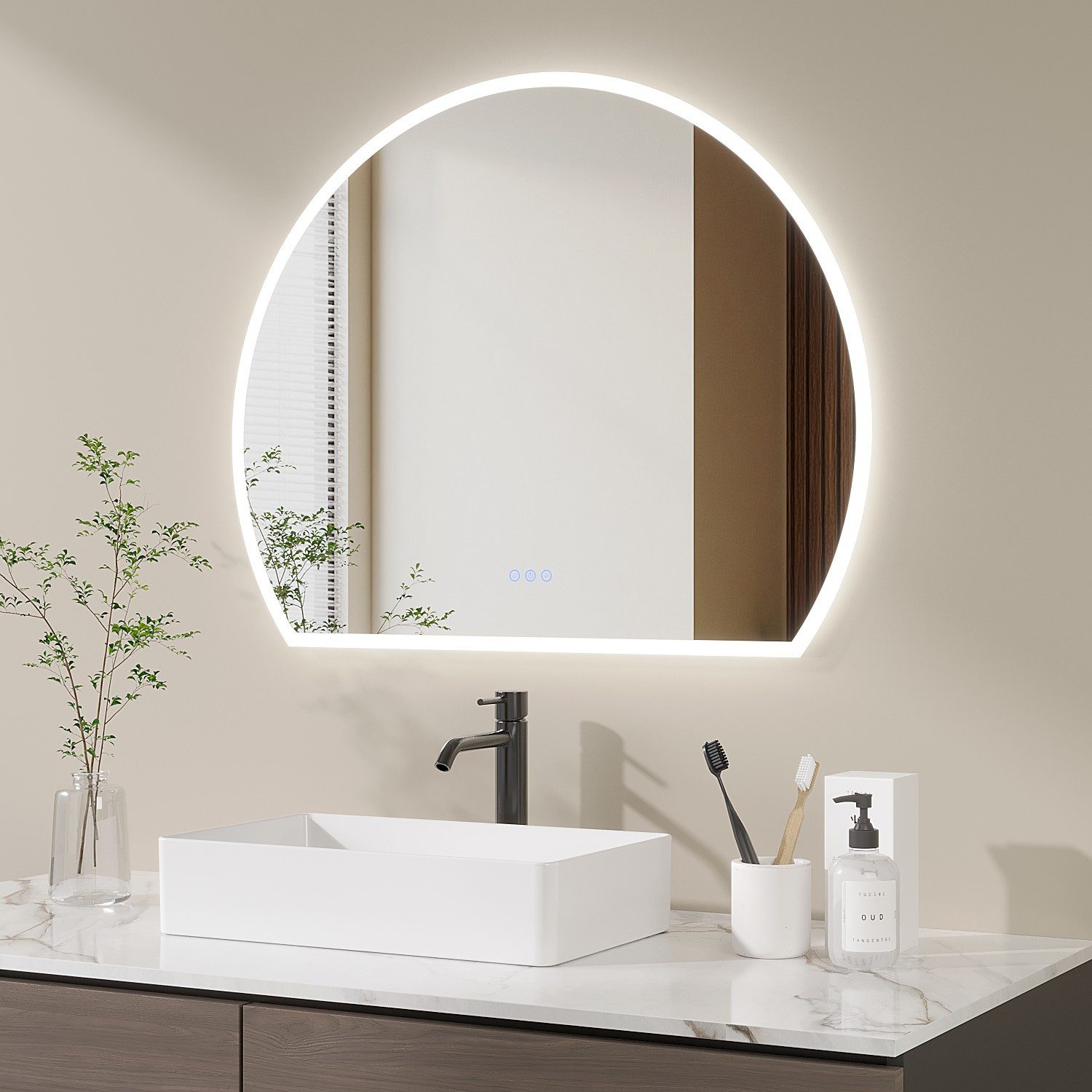 AQUALAVOS Dekospiegel LED-Lichtspiegel Badspiegel Halbrundspiegel Wandspiegel für Bad Flur, 100 x 80 x 3cm Touch Einstellbar 3 Lichtfarben vertikale/horizontale – Bild 5 von 5