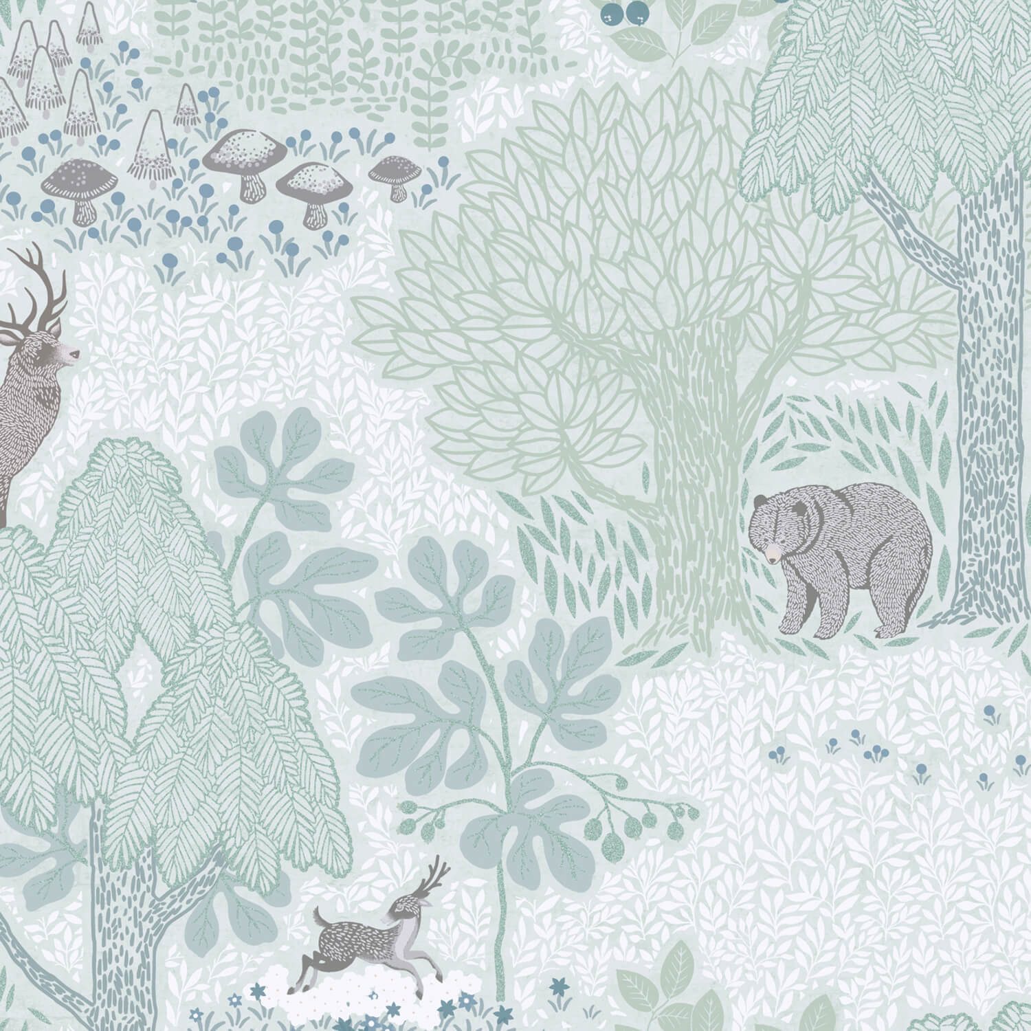 Profhome Kindertapete 771331-GU Kinderzimmer Tapete Wald-Motiv matt grün braun-grau weiß, glatt, (1 Rolle, 5,33 qm), Vliestapete, hellgrün