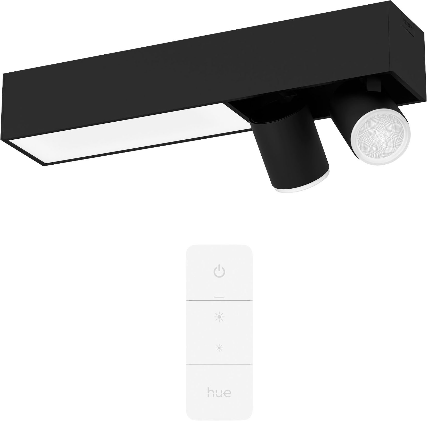 Philips Hue Smarte LED-Leuchte Bundle White & Color Ambiance Centris 2er Spot schwarz, Abschaltautomatik, Bluetooth, CCT - über Fernbedienung, Dimmer, Dimmfunktion, Farbsteuerung, Farbwechsel, Fernbedienung, Infrarot inkl., Leuchtdauer einstellbar, Memoryfunktion, Nachtlichtfunktion, RGB, Smart Home, Timerfunktion, dimmbar über Fernbedienung, erweiterbar, mehrere Helligkeitsstufen, LED wechselbar, RGB, inkl. Philips Hue Dimmschalter