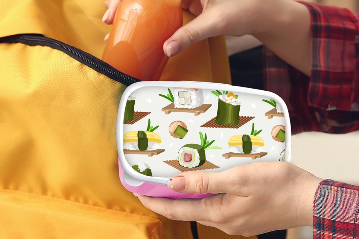 MuchoWow Lunchbox Sushi - Muster Kunststoff Lebensmittel, Kinder, für Brotbox rosa Erwachsene, (2-tlg), Brotdose Snackbox, - Kunststoff, Mädchen