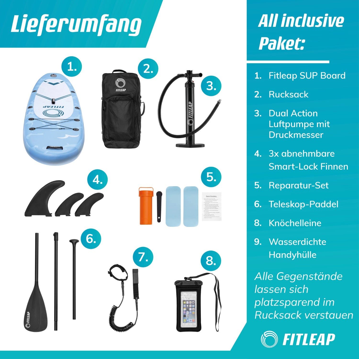Fitleap Inflatable SUP-Board SUP Board Set mit Hochdruckpumpe, verstellbarem Paddel und Rucksack -…, Robustes Material, Komplettes SUP-Set, stabil, Leicht transportierbar