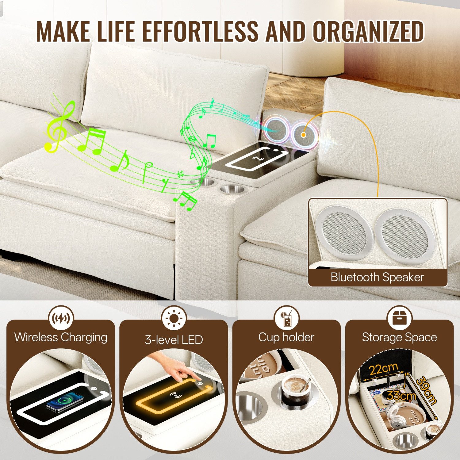 ANYSUN Sofa Modulares Sofa 315 cm breit -Chenille Cloud Couch L-Form, Multifunktionssofa mit Aufbewahrung, Ottoman, drahtloses Laden, Lautsprecher, Couches für Wohnzimmer, Büro,Mit Chaiselongue