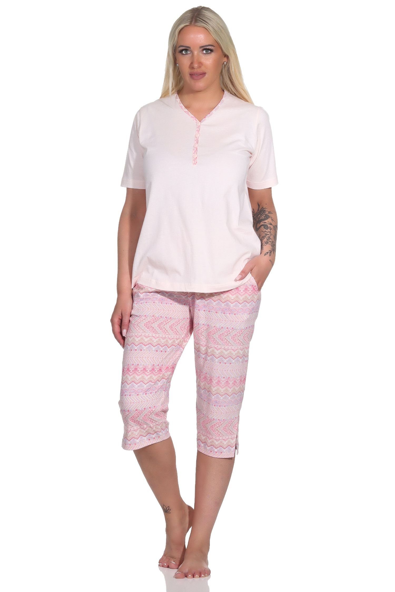 Normann Pyjama Damen kurzarm Capri Schlafanzug im Ethnolook - auch in Übergrössen rosa