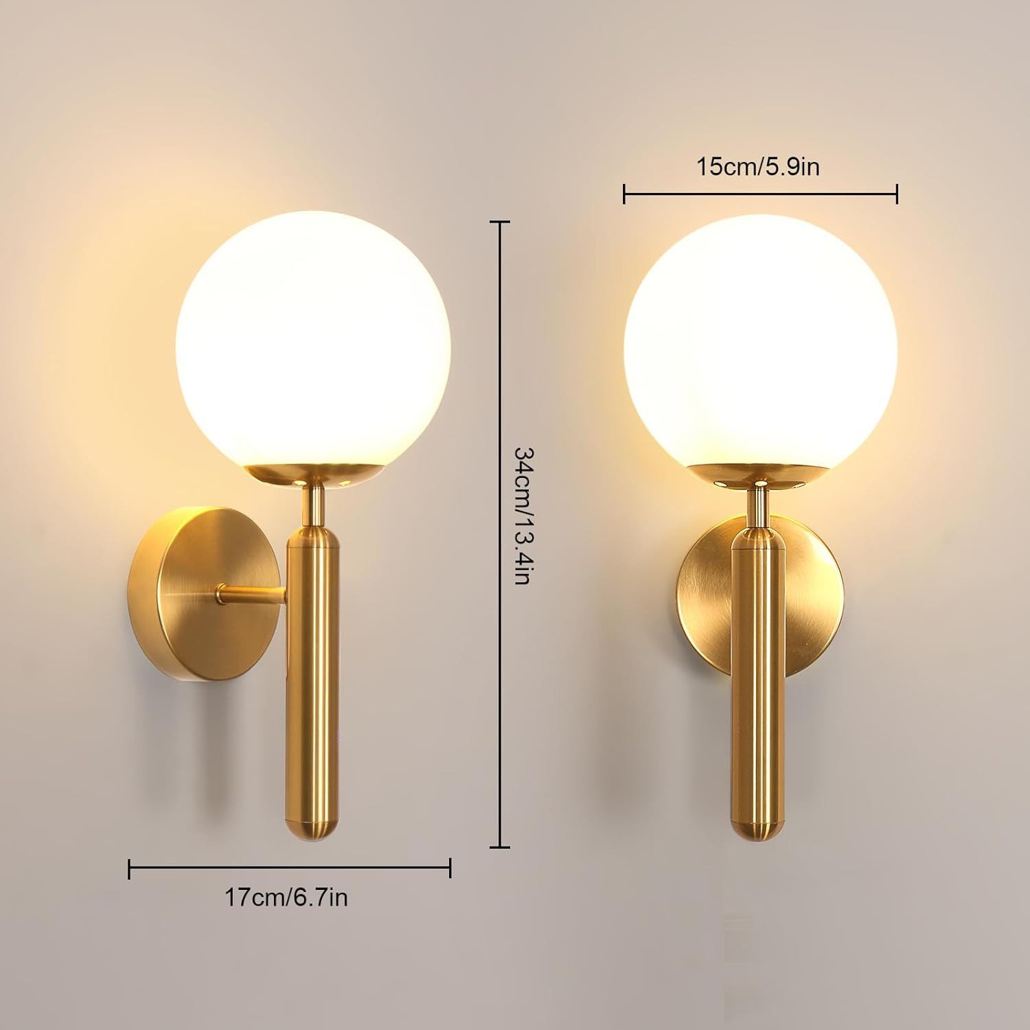Riserva Wandleuchte Goldene Wandleuchte mit Milchglas-Kugel, 15cm, E27, für Flur – Bild 3 von 5