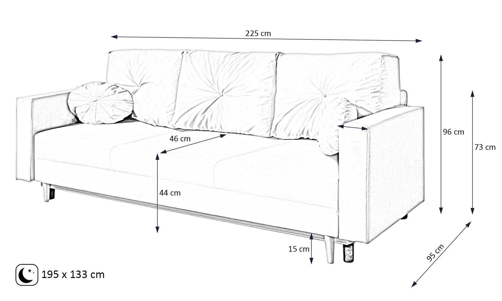 Beautysofa 3-Sitzer skandinavisches (trinity mit Relaxfunktion MILAN, Rosa Holzbeine, Bettkasten, Sofa Wellenunterfederung, Design, 23) 3-Sitzer