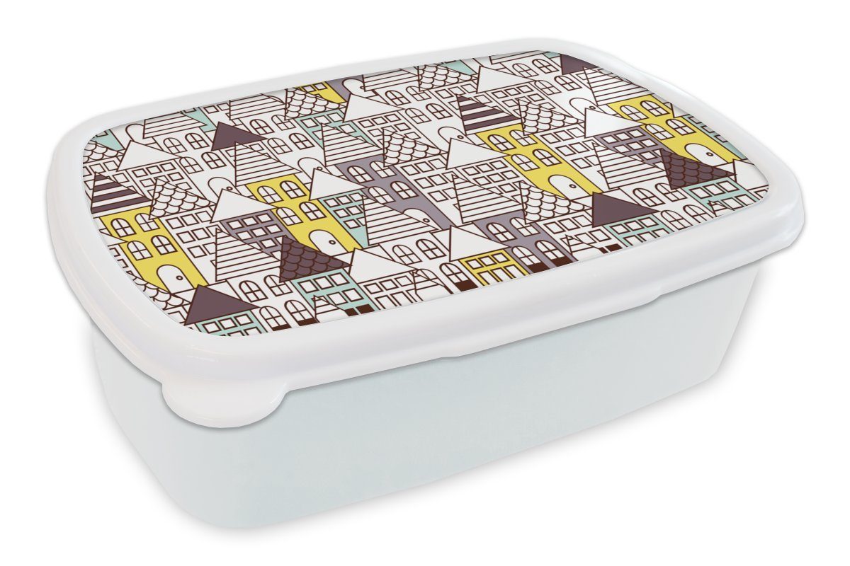 MuchoWow Lunchbox Muster - Haus - Skyline, Kunststoff, (2-tlg), Brotbox für Kinder und Erwachsene, Brotdose, für Jungs und Mädchen weiß