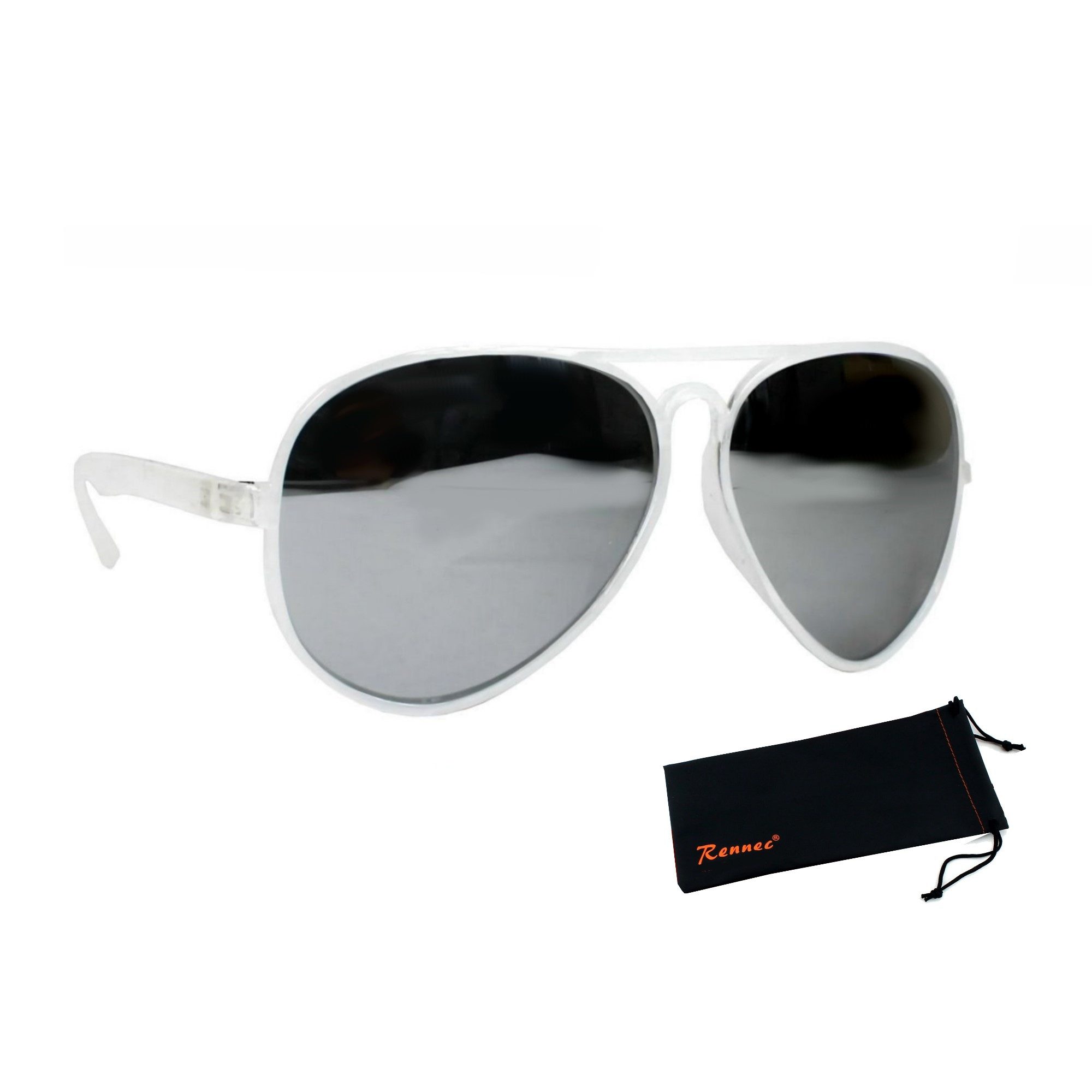 Rennec Sonnenbrille Pilotenbrille Herren Damen aus Kunststoff Leicht und Flexibel Gläser Verspiegelt, Gestell Transparent, inkl. Hardcase