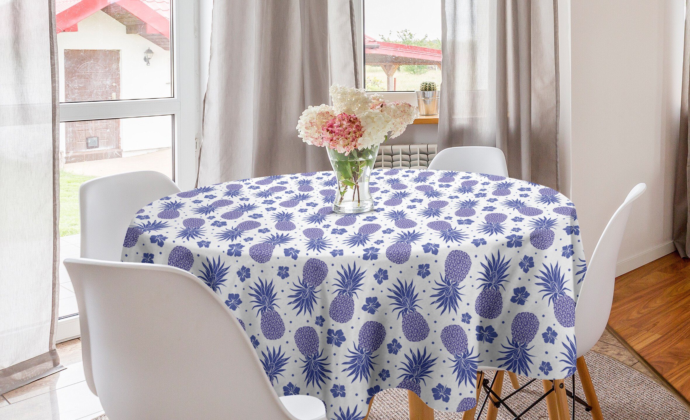 Abakuhaus Tischdecke Kreis Tischdecke Abdeckung für Esszimmer Küche Dekoration, Tropisch Hibiscus und Ananas
