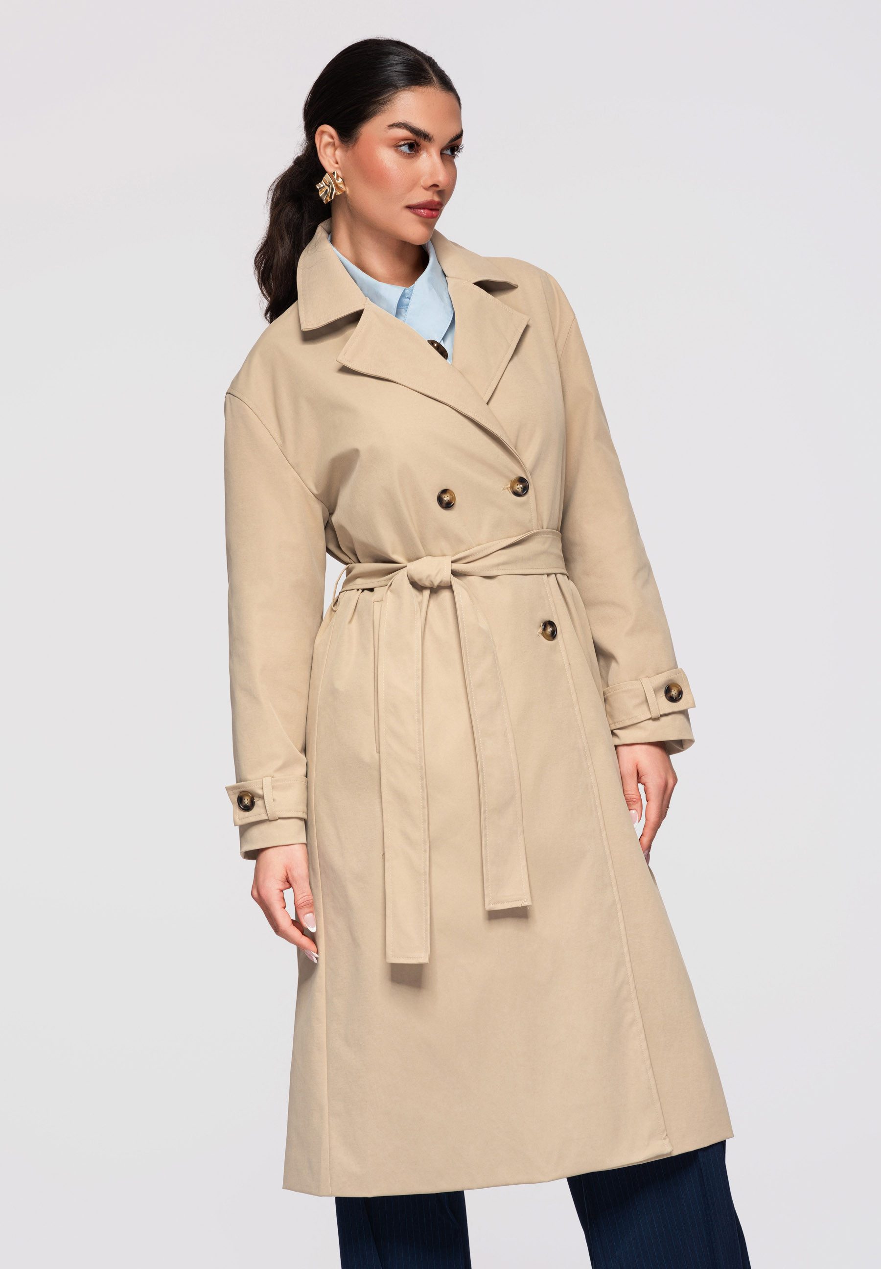 OMBRE Trenchcoat Damen Mantel Midi Gürtel Elegant (kein Set, 1-tlg) Taillengürtel