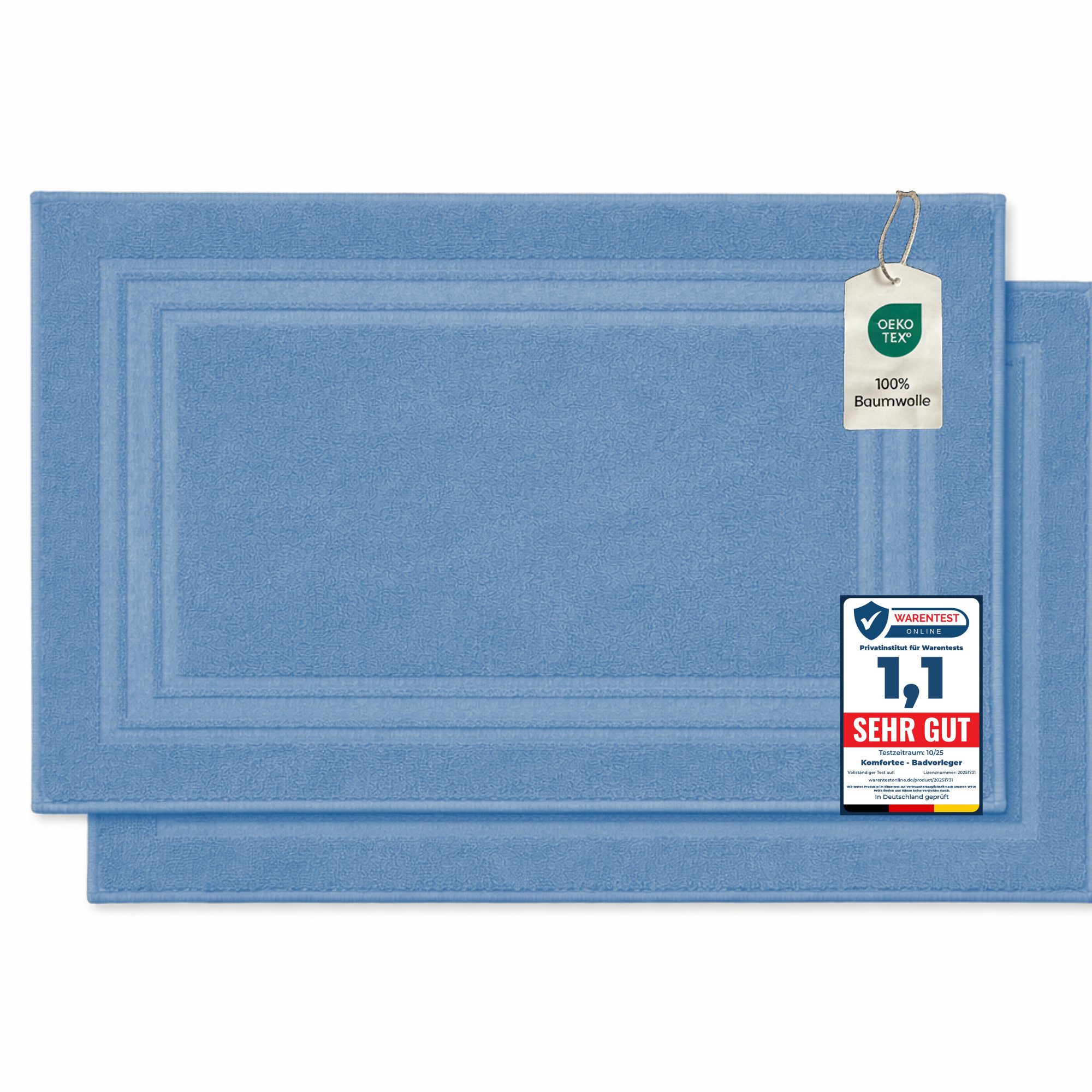 Komfortec Badematte Badvorleger aus 100% Baumwolle, 50x70 cm Duschvorleger, Waschbar Duschmatte, Frottee, Rechteckig, 600 g/m², 2er Set, Saugfähig & Schnelltrocknend