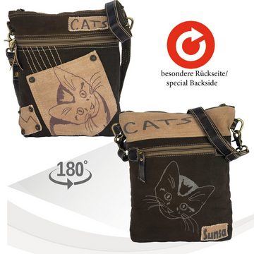 Sunsa Umhängetasche Katzenmotiv Tasche. Braune Umhängetasche. Crossbody Bag mit Fronttasche 52496, aus recyceltem Canvas