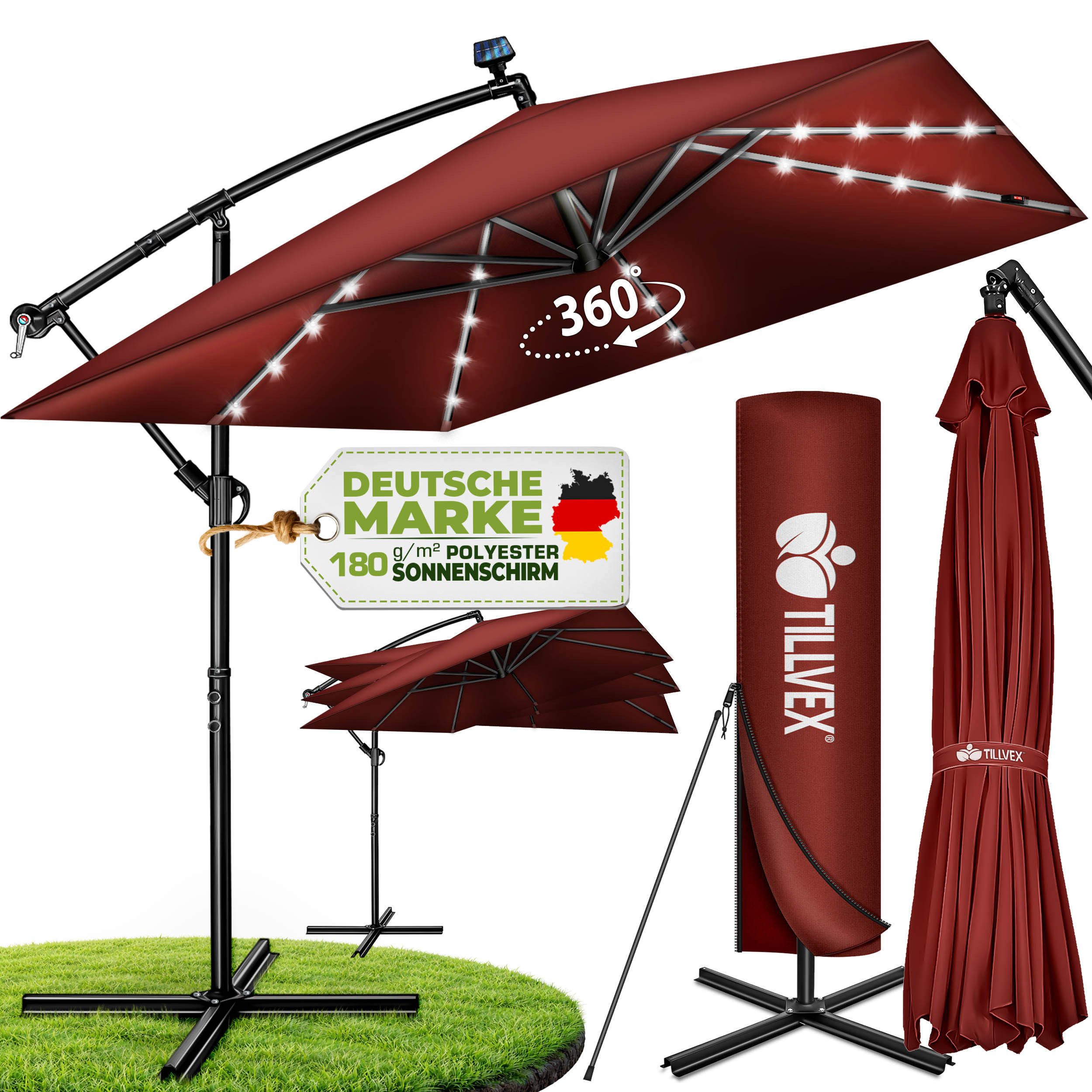 tillvex Sonnenschirm tillvex® Sonnenschirm LED Solar 235 x 235 cm Ampelschirm Gartenschirm, Kurbelschirm Marktschirm wasserdicht 360° drehbar, mit Kurbel & Windschutz Gartenschirm Aluminium, Alu Ampelschirm Ø330 cm Rechteckig mit LED Solar + Abdeckung