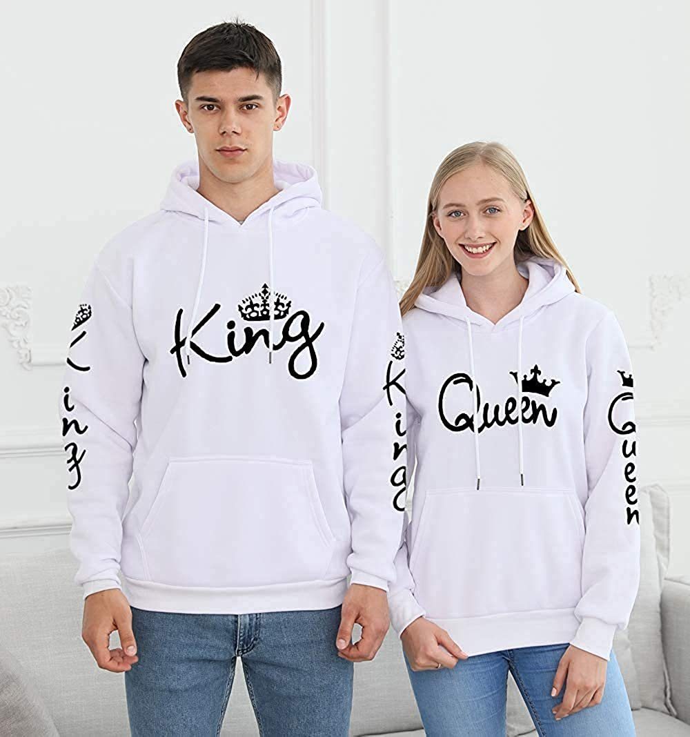 Couples Pullover Look Weiß trendigem King & Partner QUEEN im Shop Print Kapuzenpullover / Paare für Hoodie mit Queen