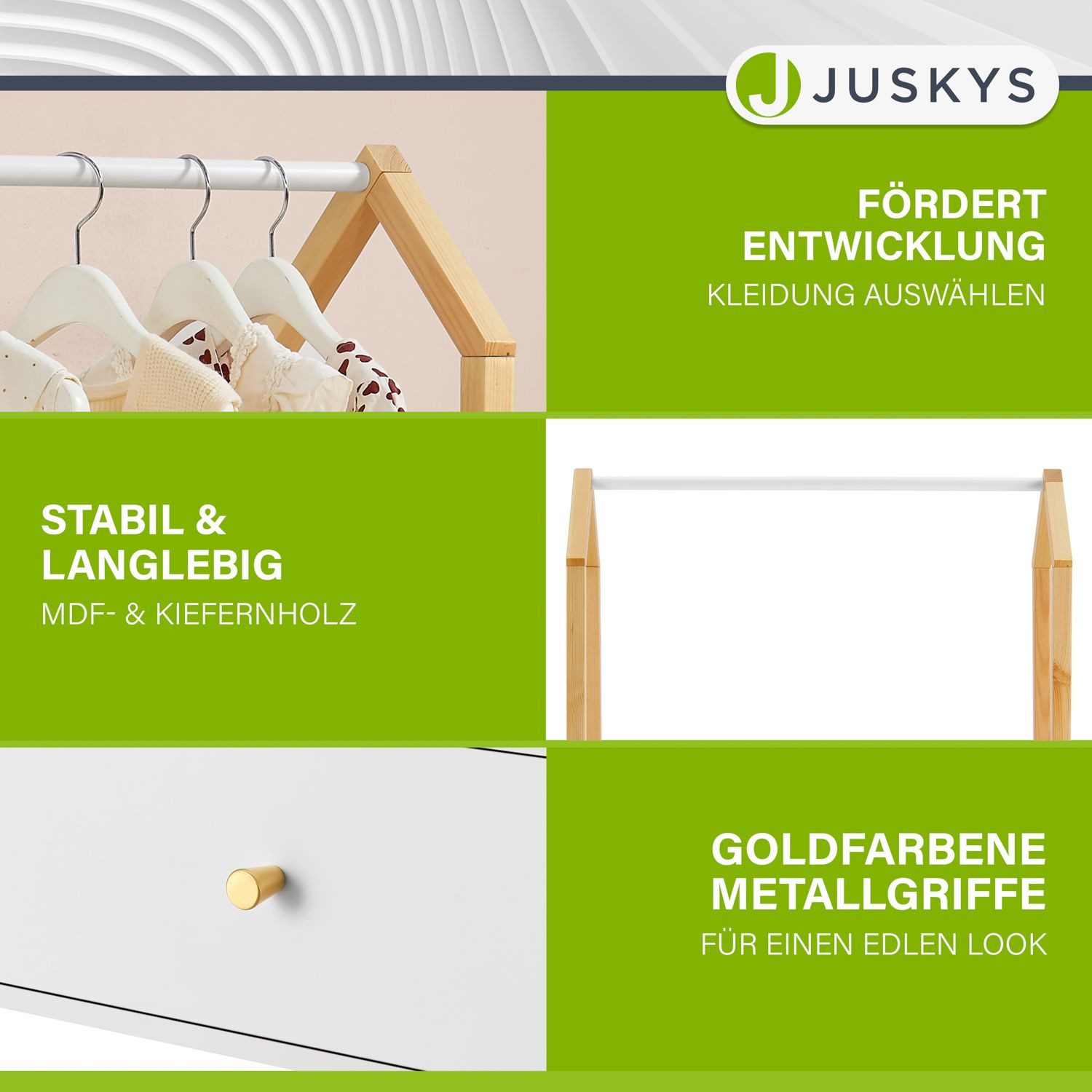 Juskys Kleiderständer Filla, Kleiderstange für Kinder, natürliches Design für das Kinderzimmer