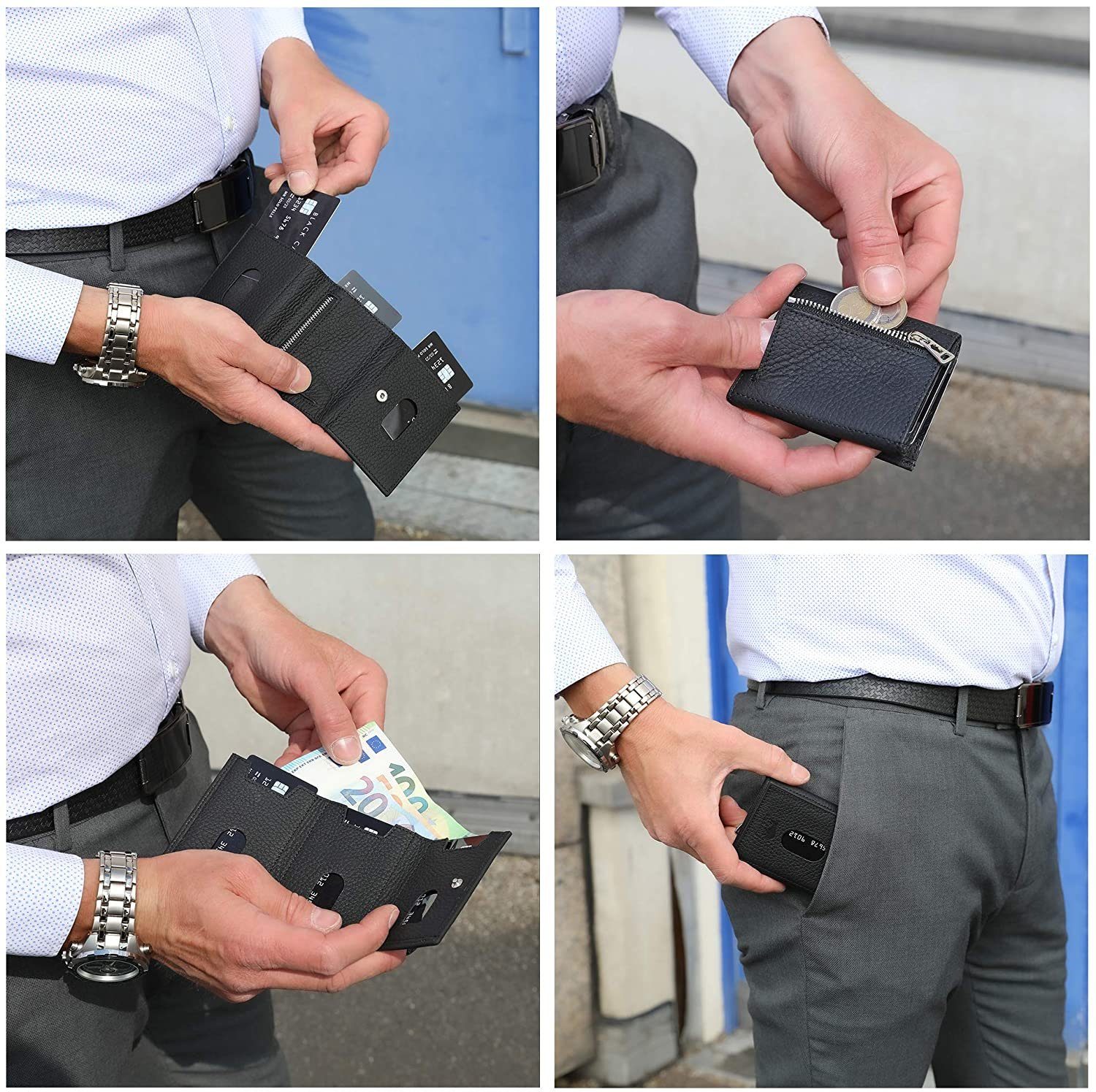 Schwarz Slim echt Wallet [12 Europe in [RFID-Schutz], Matt mit Macde Leder, Riga RFID Karten] Münzfach Slimwallet Pelle Schutz, Solo Brieftasche