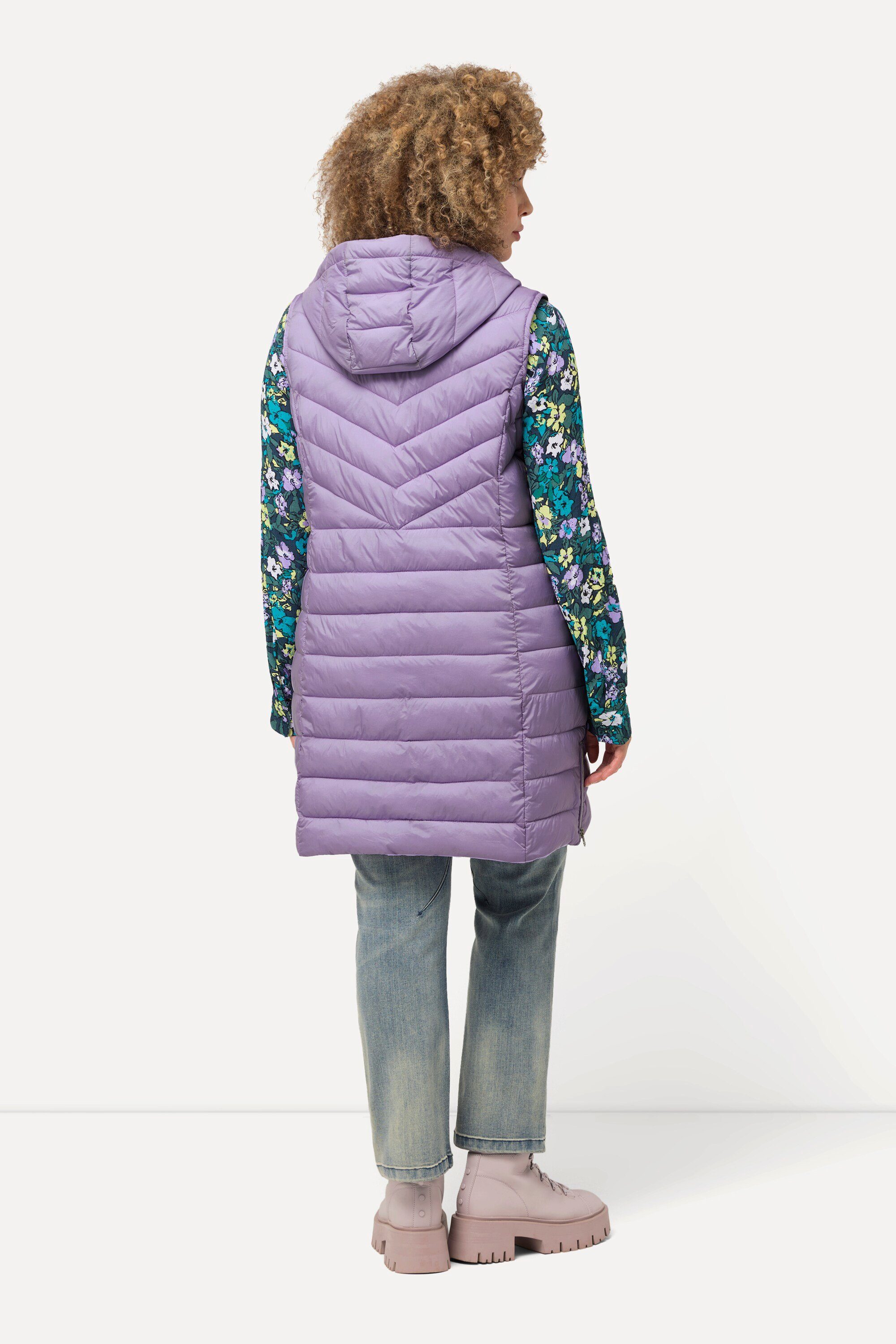 Ulla Popken Steppweste Long-Steppweste Kapuze Seiten-Zipper Stehkragen