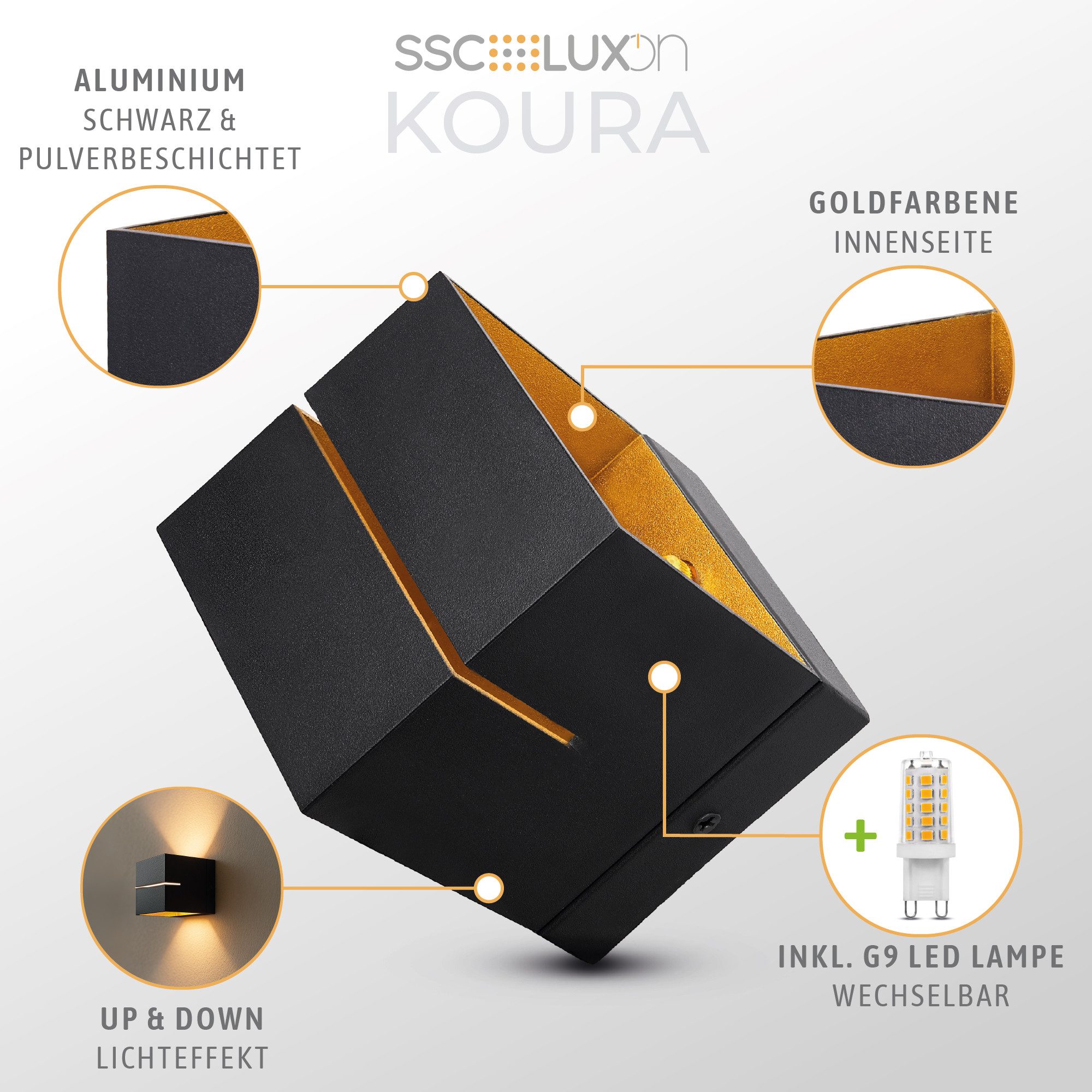 SSC-LUXon LED Wandleuchte Wandleuchte KOURA schwarz gold Up Down inkl. G9 LED warmweiß, Warmweiß