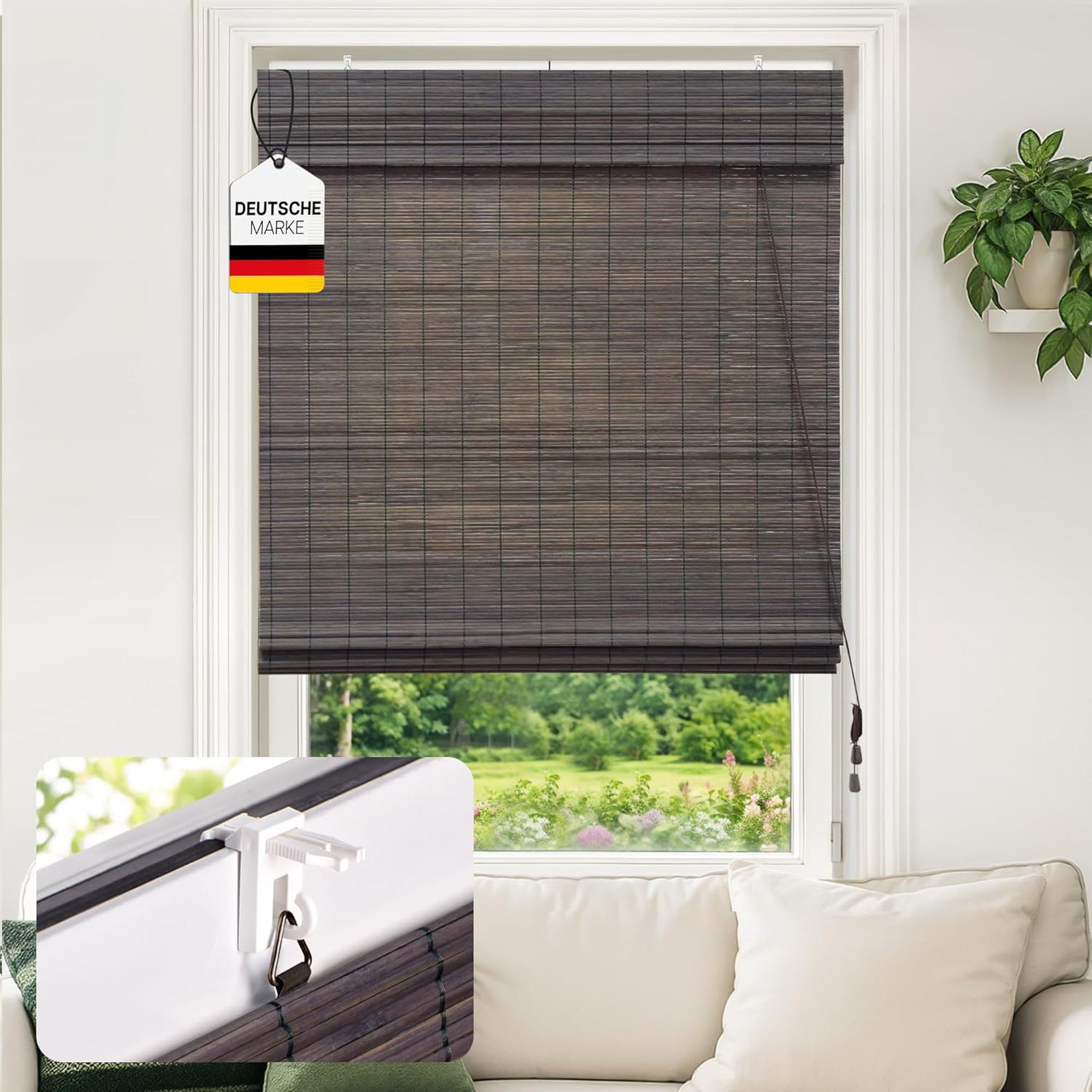 Victoria M. Raffrollo Bambus-Raffrollo Klemmfix, 40 x 130 cm, dunkelbraun, ohne Bohren, freihängend, Klemmfix-Montage, Nachträglich anpassbar