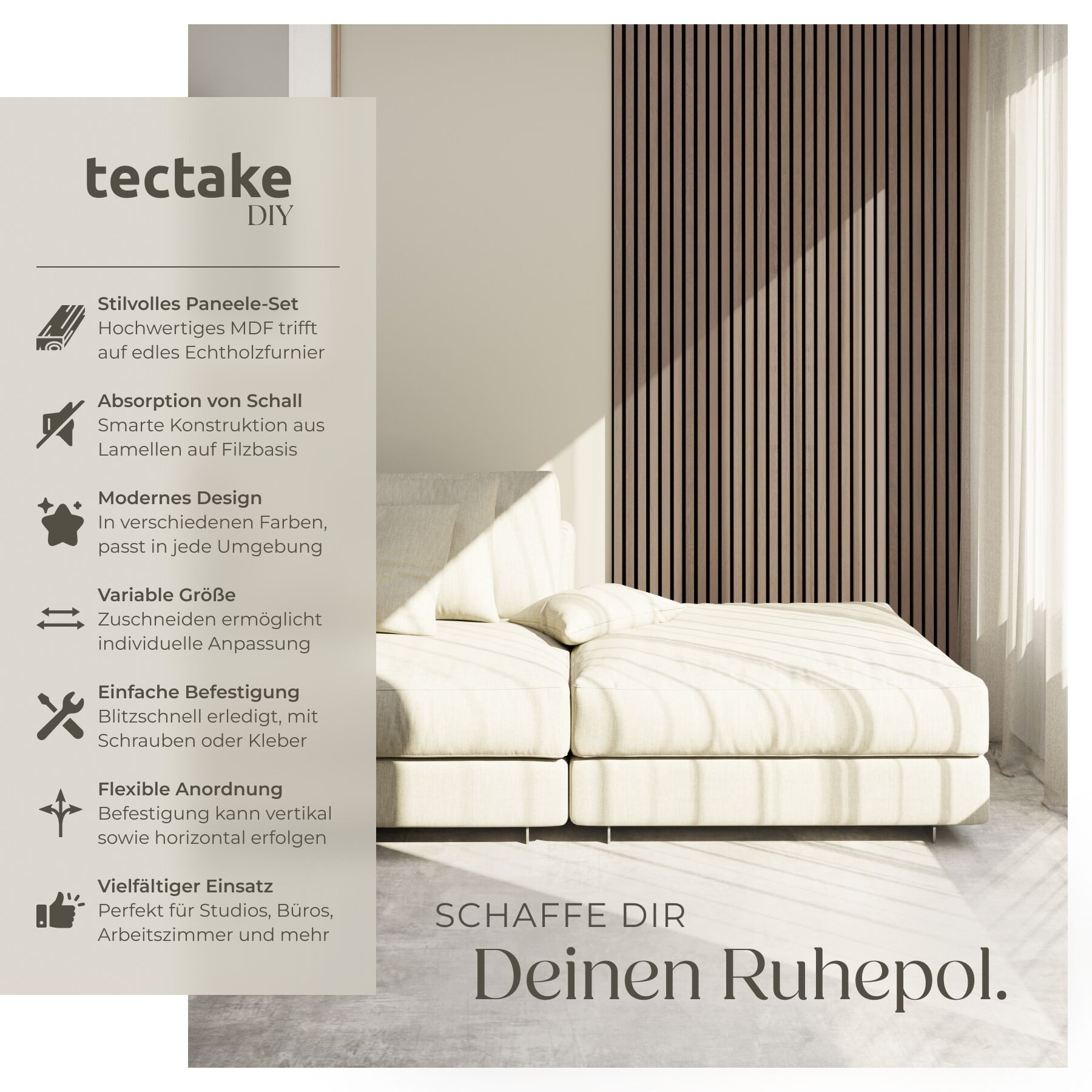 tectake Wandpaneel Akustikpaneele aus MDF und Echtholzfurnier - Eiche dunkel, BxL: 60x120 cm, (Holzpaneele Sonic Wall, 2-tlg., Größe flexibel anpassbar) schallabsorbierender Filz, einfache Montage mit Kleber oder Schrauben