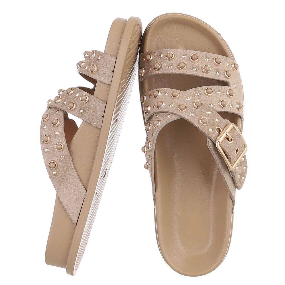 Ital-Design Damen Sandale mit Nieten und Schnallenverschluss Pantolette (91848965) Flach Pantoletten in Hellbraun