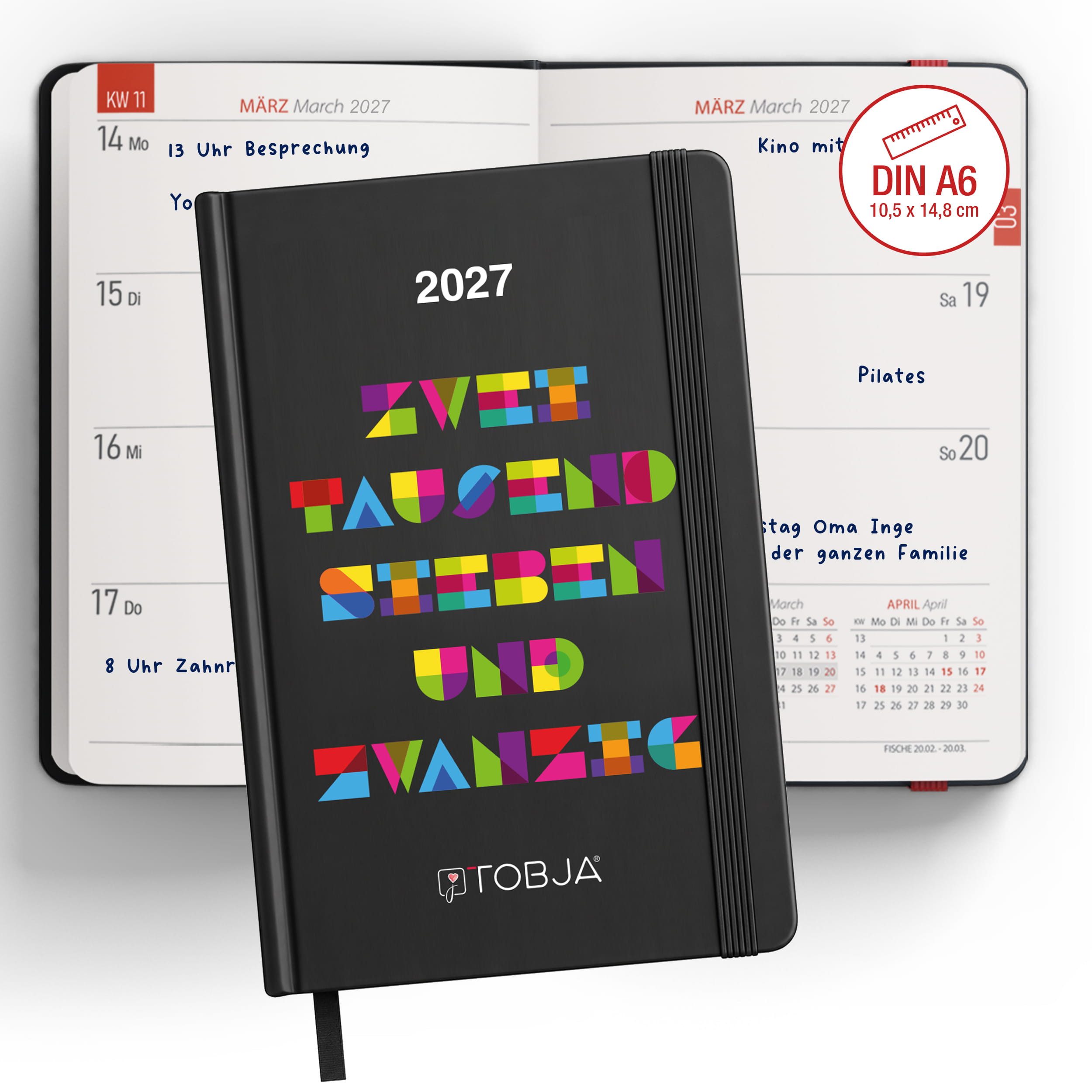 TOBJA Taschenkalender Taschenkalender 2027 A6 Mosaik bunt 1 Woche 2 Seiten Hardcover FSC, Mosaik-Design bunt, Lesebändchen, Gummiband, FSC, A6