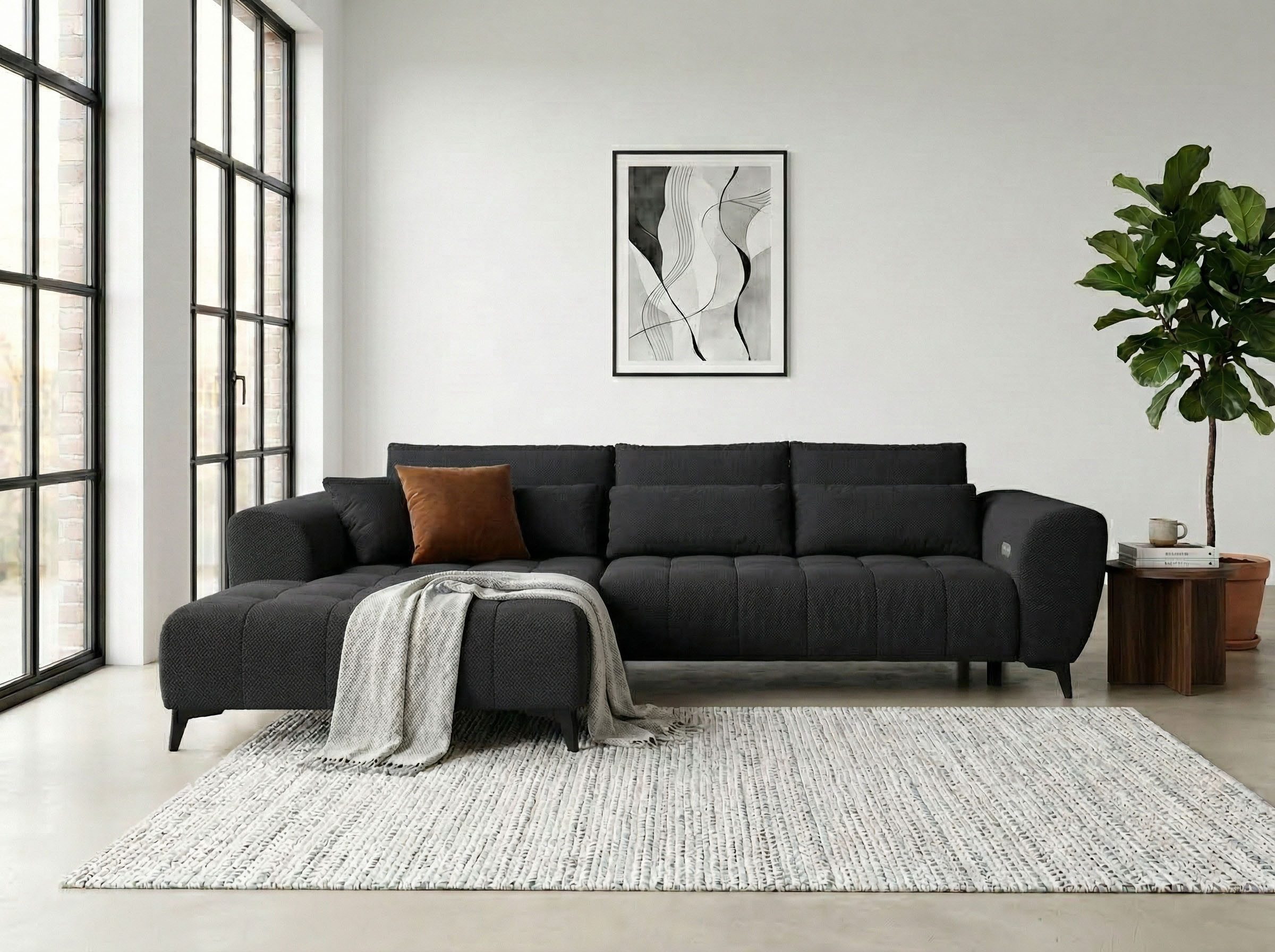 WERK2 Ecksofa Garay 287 x 220 cm elektr. Sitztiefenverstellung, bodenfrei, bequem, Waffelcord, L-Form, XXL, elektrische Sitztiefenverstellung