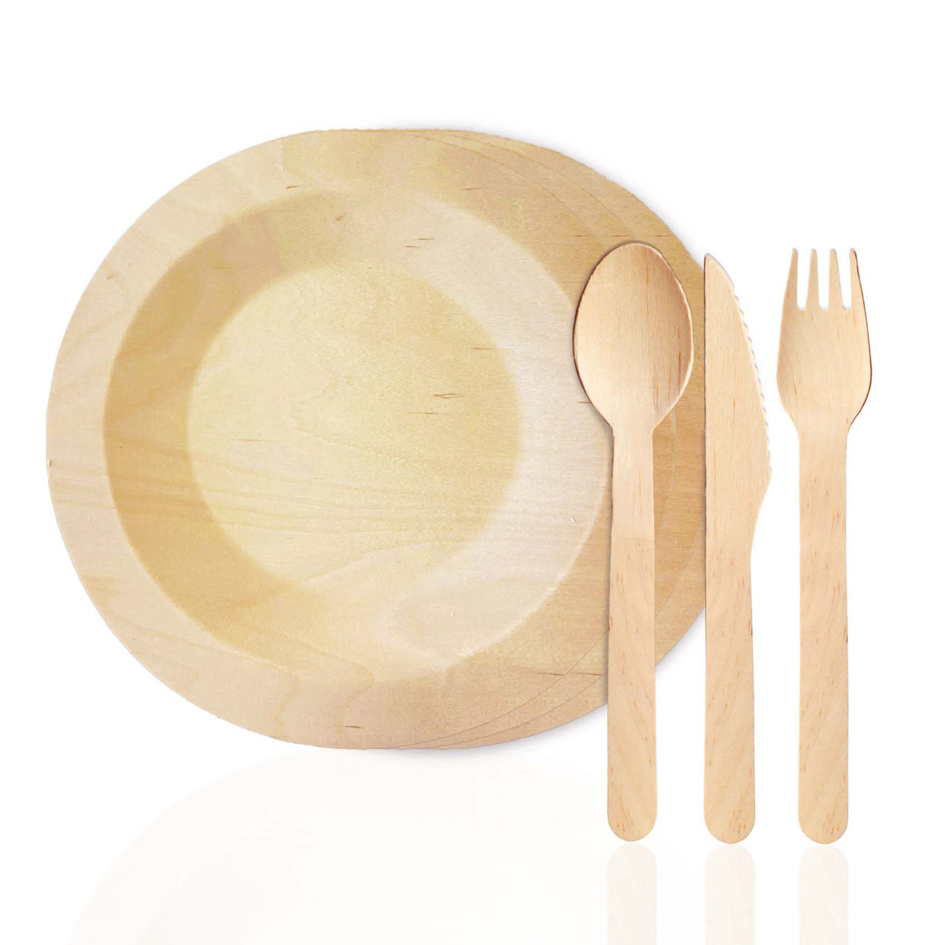 wisefood Einweggeschirr-Set Birkenholz Einweg Besteck Set mit Teller (40-tlg), Birkenholz