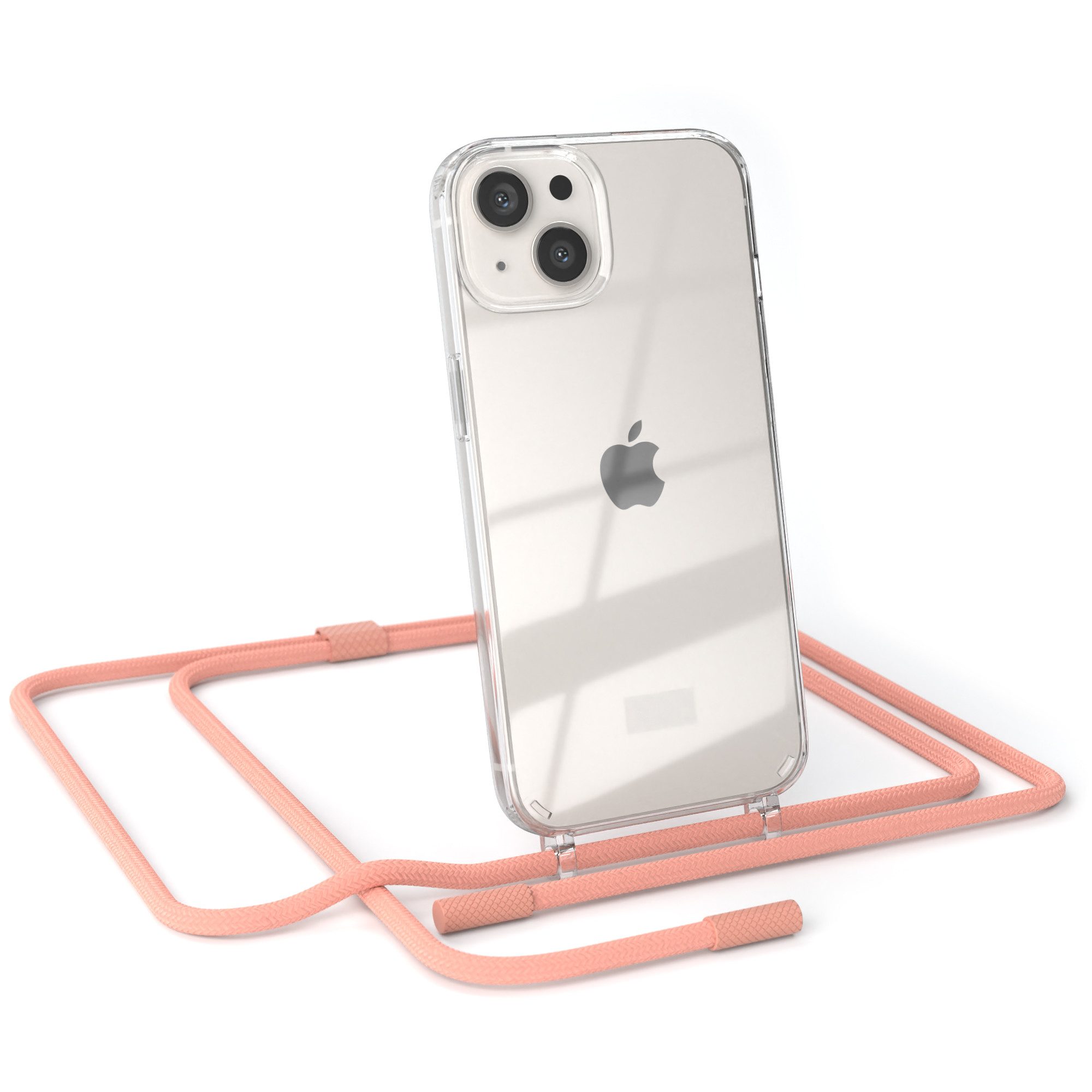 EAZY CASE Handykette Silikon Kette Unifarbe für Apple iPhone 13 6,1 Zoll, Hülle mit Band 2in1 Handyband Etui Case mit Kordel Altrosa Koralle