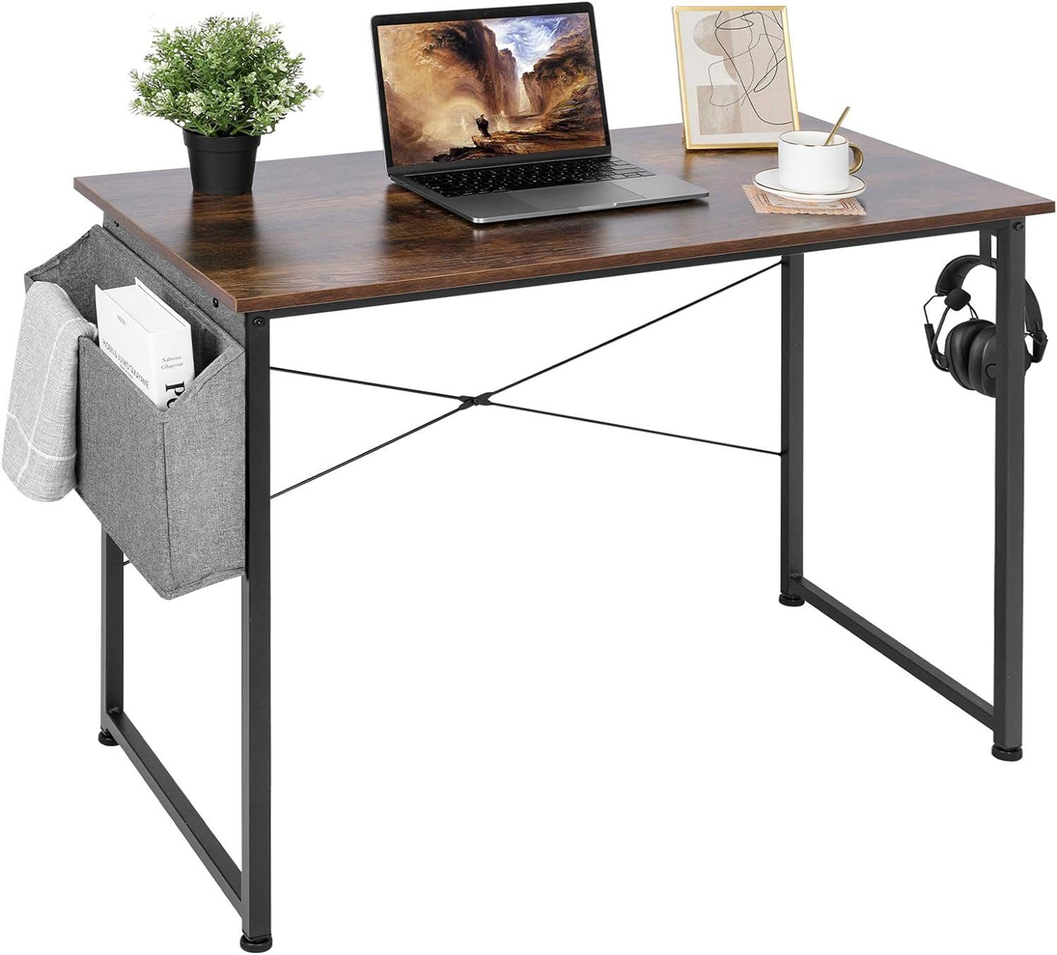 TLGREEN Schreibtisch Computertisch mit Braun Bürotisch Aufbewahrungstasche, PC-Tisch Officetisch