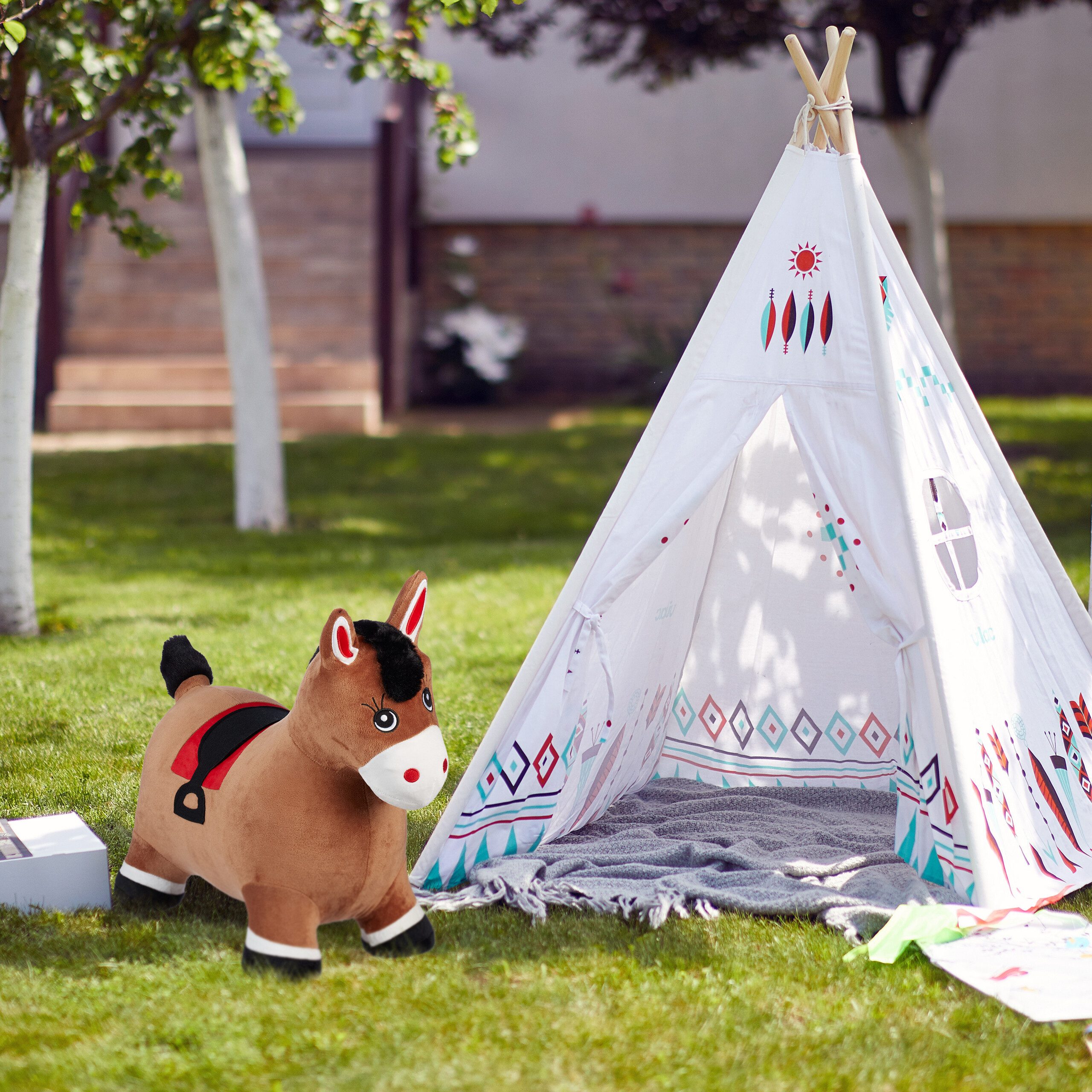 relaxdays Hüpftier Pferd mit Bezug