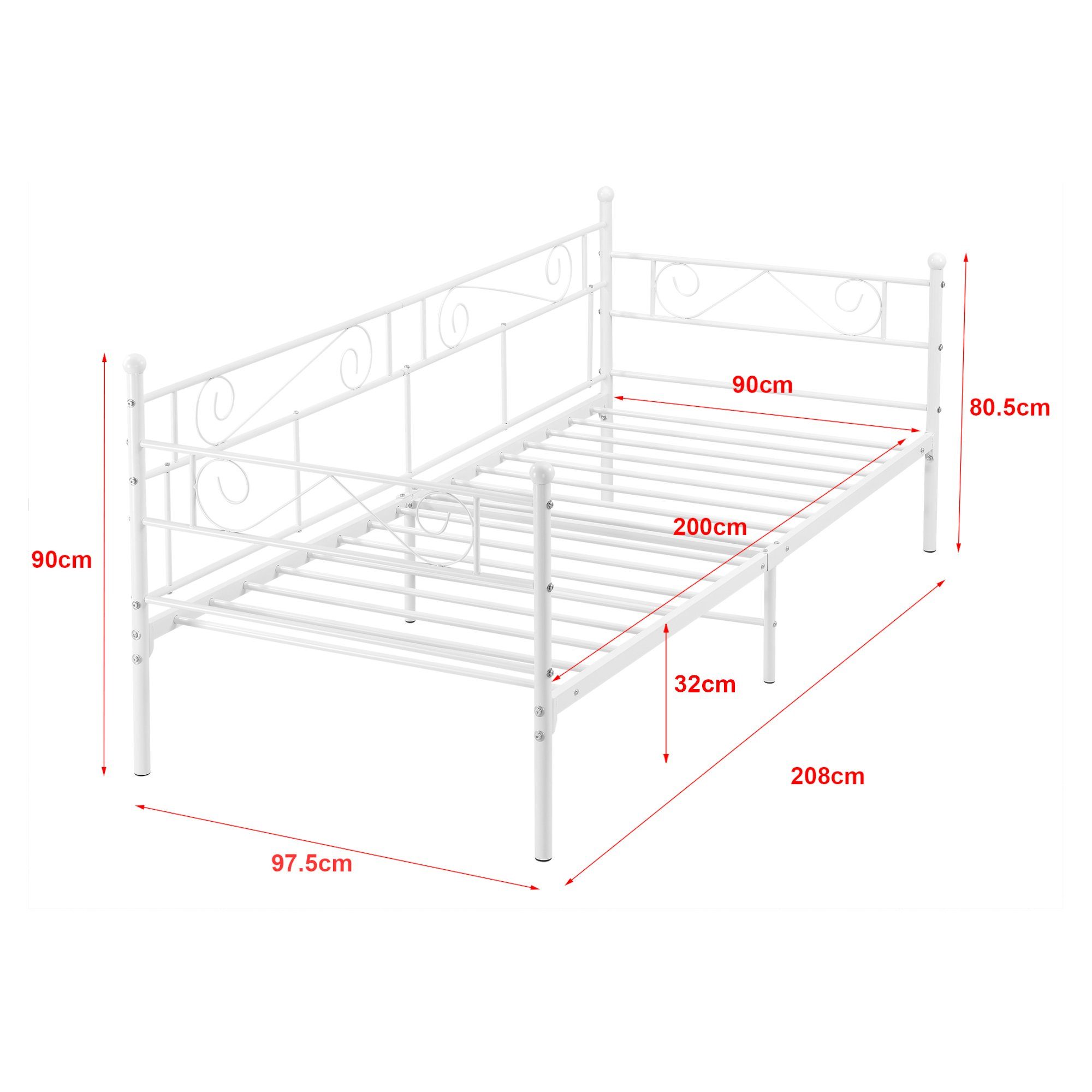 en.casa Metallbett, »Kerava« mit Lattenrost 90x200cm Weiß