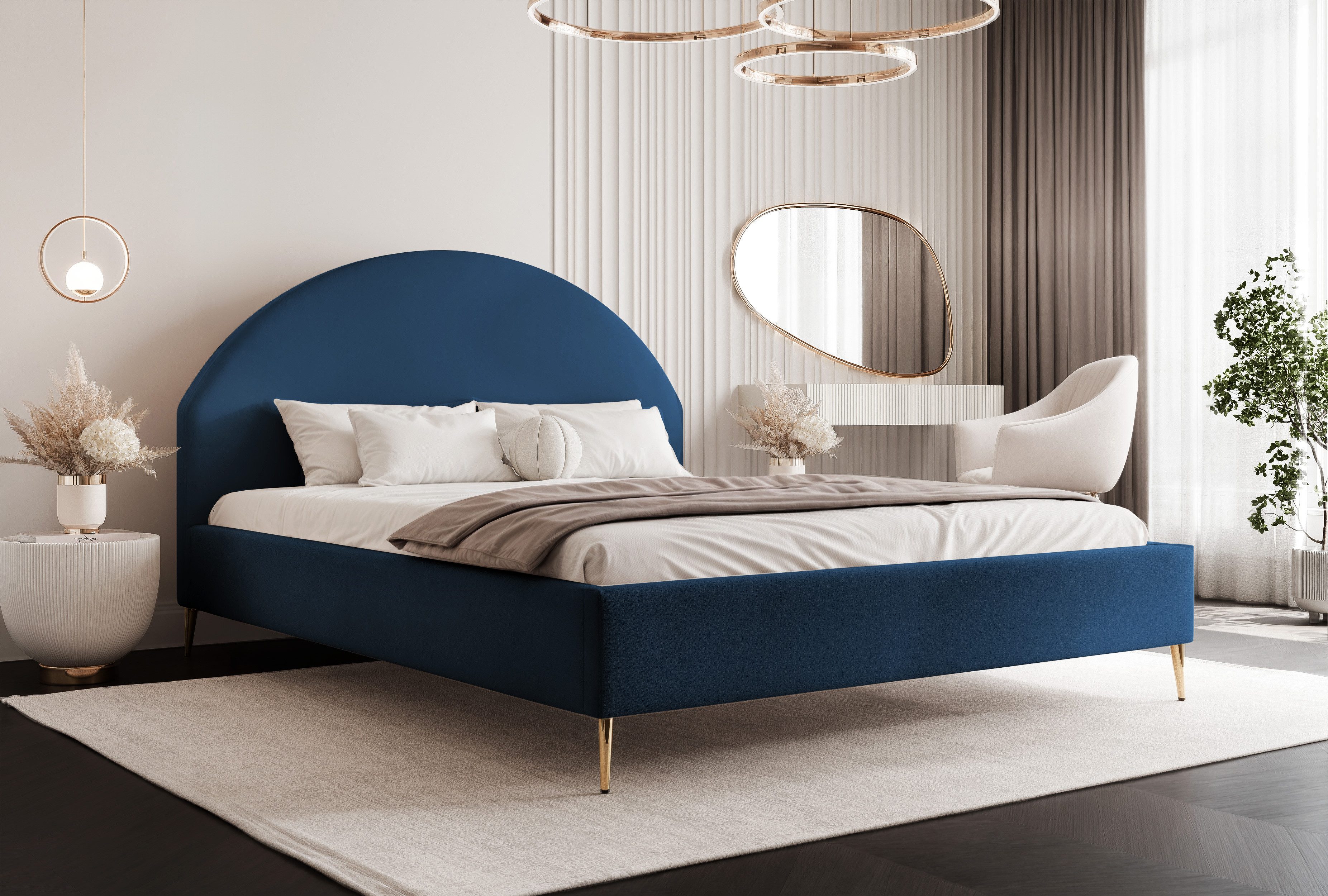 Goldstoff Polsterbett Elegantes Bett mit hohem Kopfteil und stilvollem Stauraum (120–200x200 cm, Kopfteilhöhe: 90/110 cm, Seitenhöhe: 25/40 cm), "CELESTE" – Modernes Komfortbett mit praktischem Stauraum