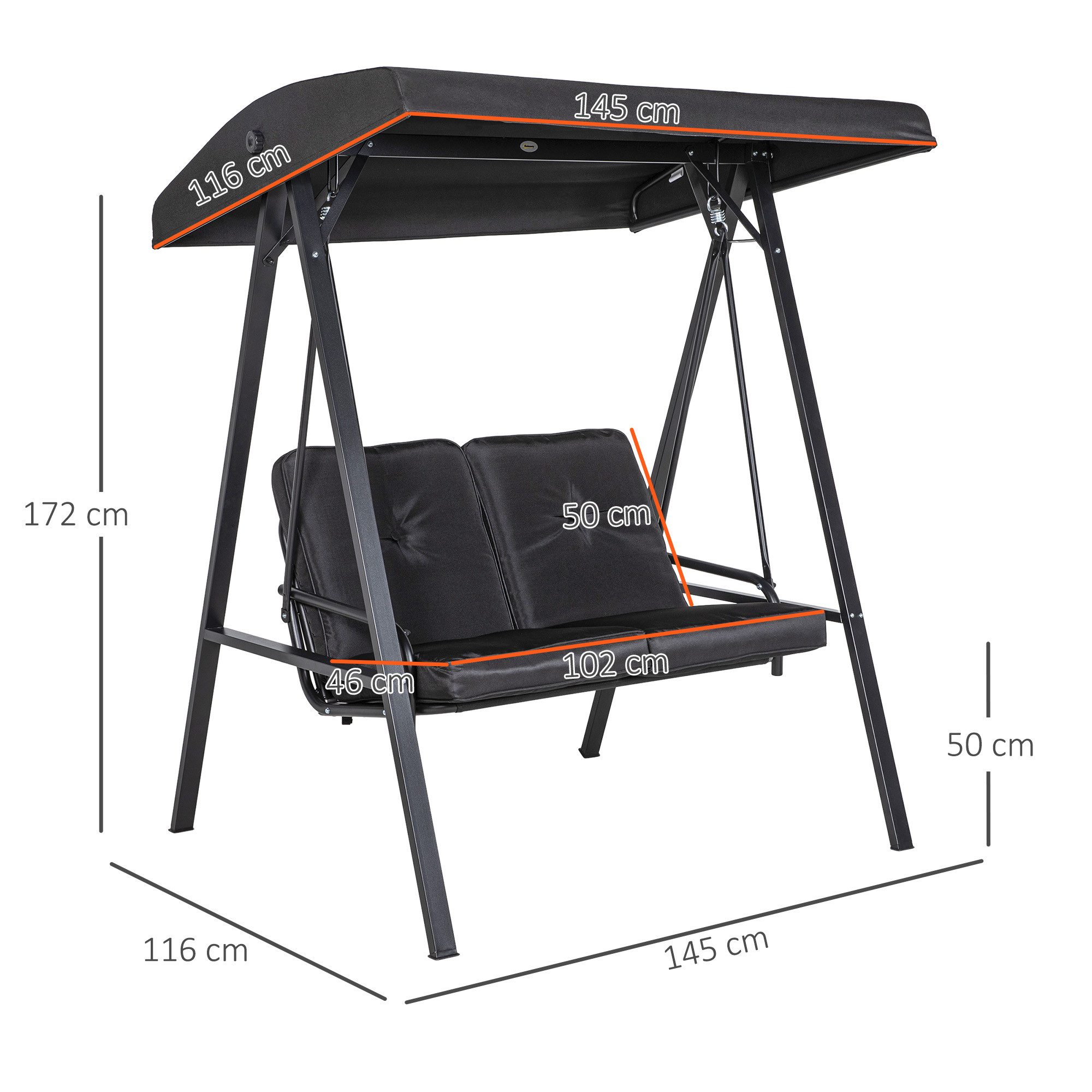 Outsunny Hollywoodschaukel mit Verstellbarem Dach, Kissen, 2-Sitzer, Verstellbares Dach, Schaukelbank, 1 tlg., Gartenschaukel, bis 220 kg Belastbar, für Garten, Balkon, Schwarz, 145 x 116 x 172 cm