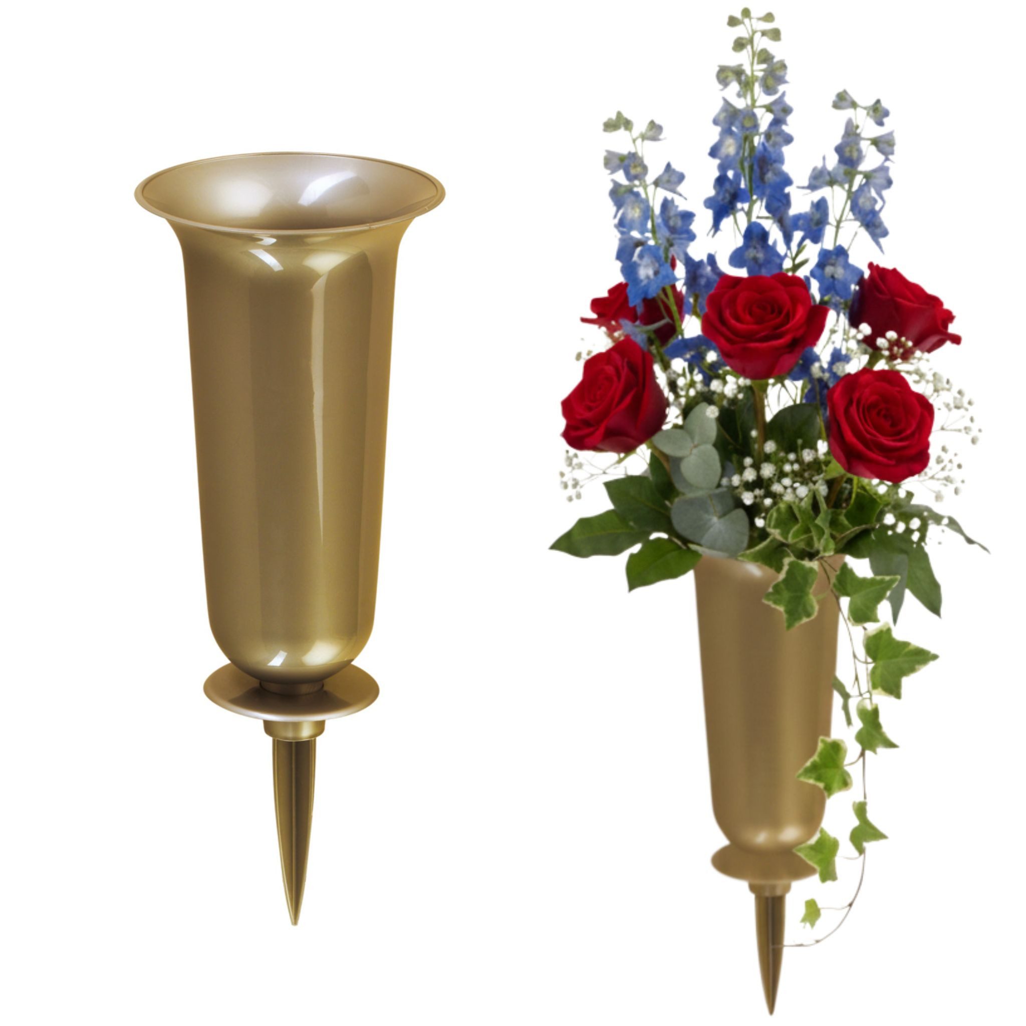 matches21 HOME & HOBBY Dekovase Grabvasen mit Erdspieß zum Stecken 2er Set 32 cm, gold (2 St), Wetterfeste Grabschmuck Kunststoff Friedhofsvasen