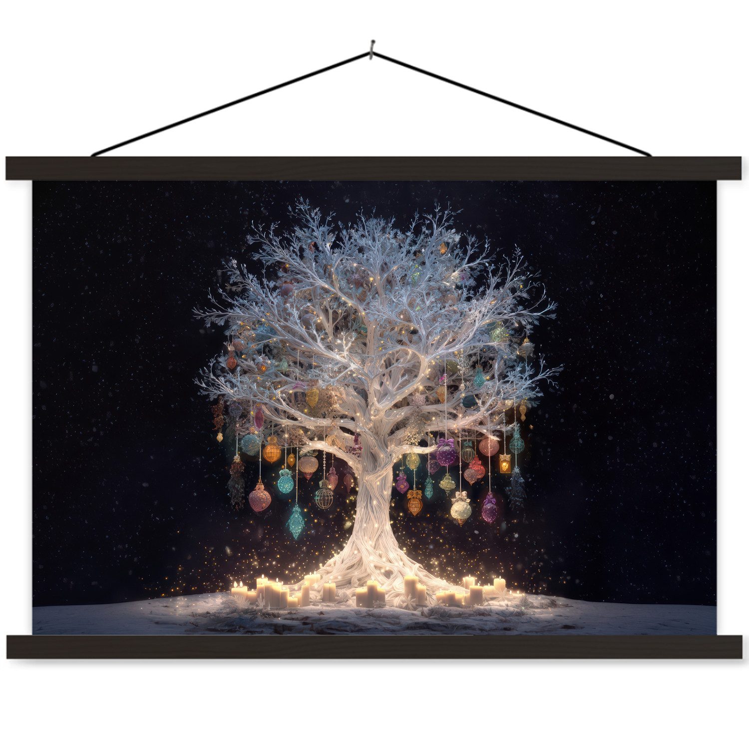 MuchoWow Poster Schneebaum - Lichter - Weiß - Farbenfroh, (1 St), Magnetische Posterleiste, Holzleisten, Textilposter, 60x40 cm