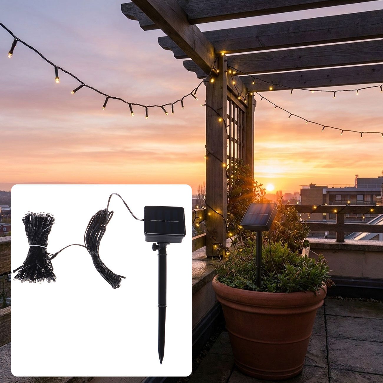 shop'n smile ideoon LED-Lichterkette Solar Lichterkette 100 LEDs Warmweiß 12,5m Outdoor IP44 Garten Balkon, mit Dämmerungssensor, beleuchtete Länge 7,5 m Kabellos