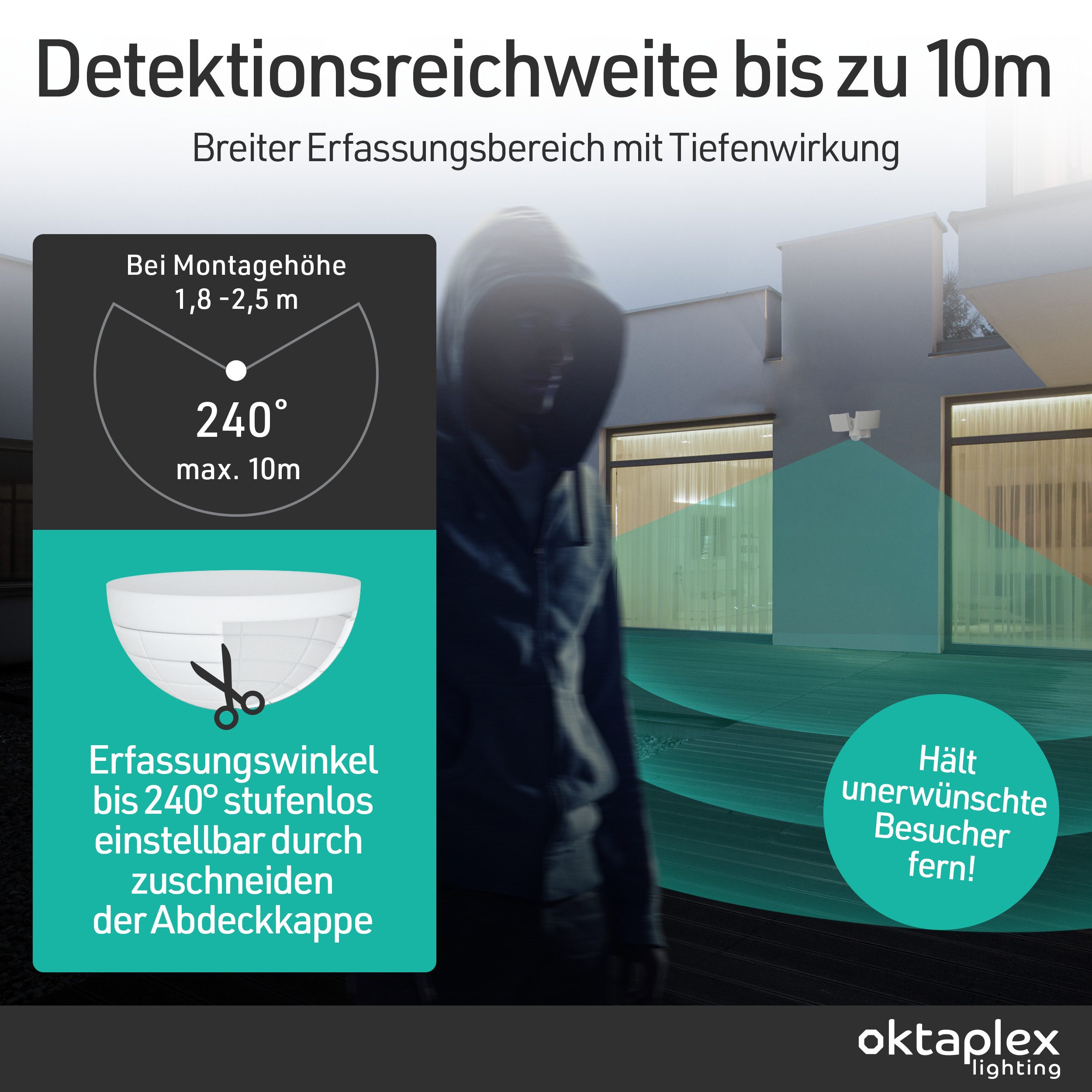 Oktaplex lighting LED Außen-Wandleuchte Cali Dos Außenstrahler mit Bewegungsmelder 8m / 240 Grad IP65, PIR-Sensor, dreh- und schwenkbar, inklusive Leuchtmittel, – Bild 3 von 5