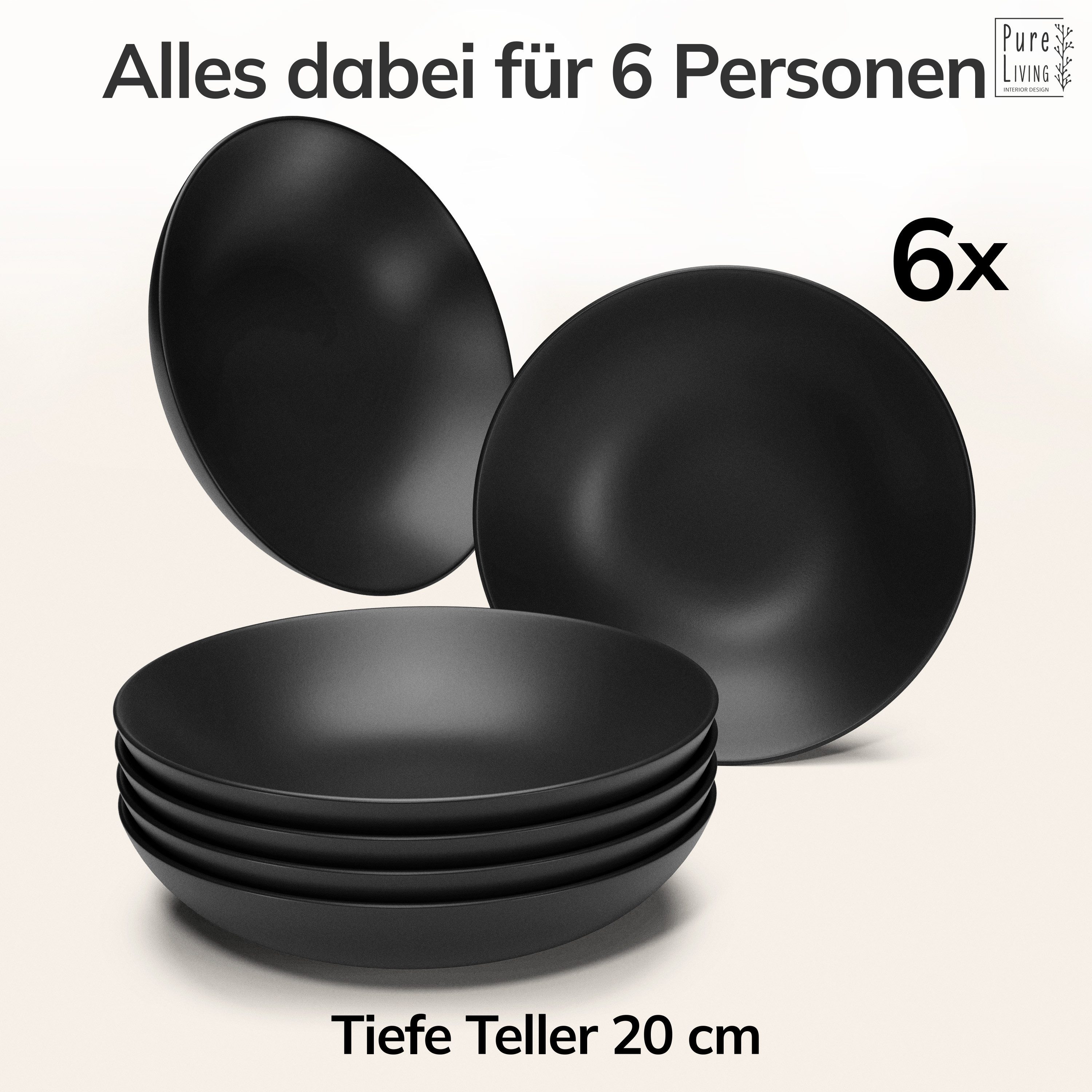 PURE LIVING INTERIOR DESIGN Geschirr-Set Suppenteller 6er 20cm Manhattan, Steingut Schwarz (6-tlg), 6 Personen, Steingut – Bild 5 von 5