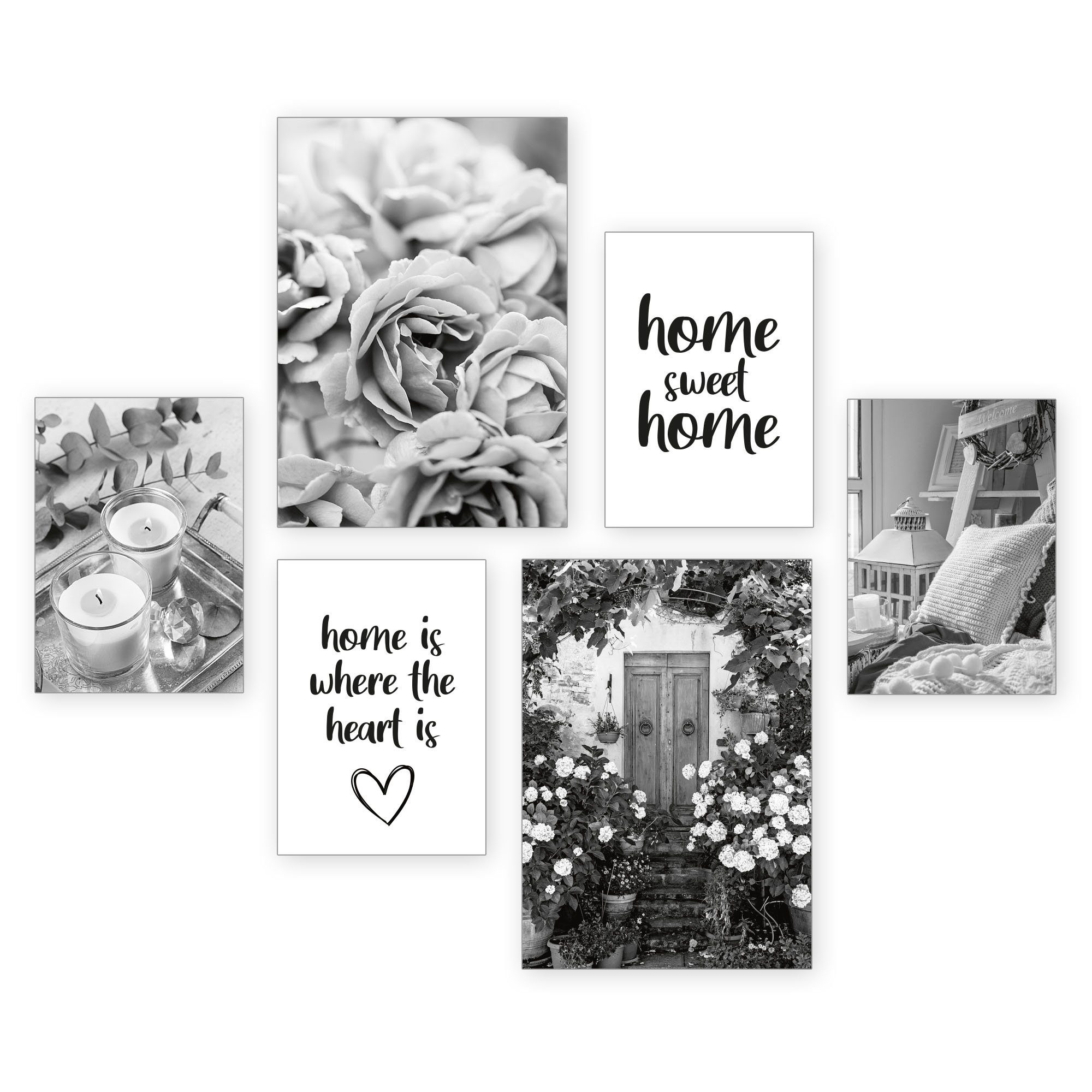 Kreative Feder Poster, Rosen, Blüten, Zuhause, Wohnen, Entspannung, schwarz-weiß, Home Sweet Home (Set, 6 St), 6-teiliges Poster-Set, Kunstdruck, Wandbild, Posterwand, Bilderwand, optional mit Rahmen, WP521