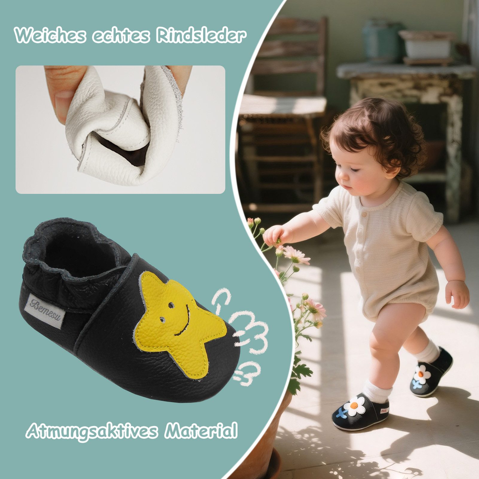 Bemesu Baby Schuhe aus echtem Leder Krabbeln & erste Schritte Krabbelschuh