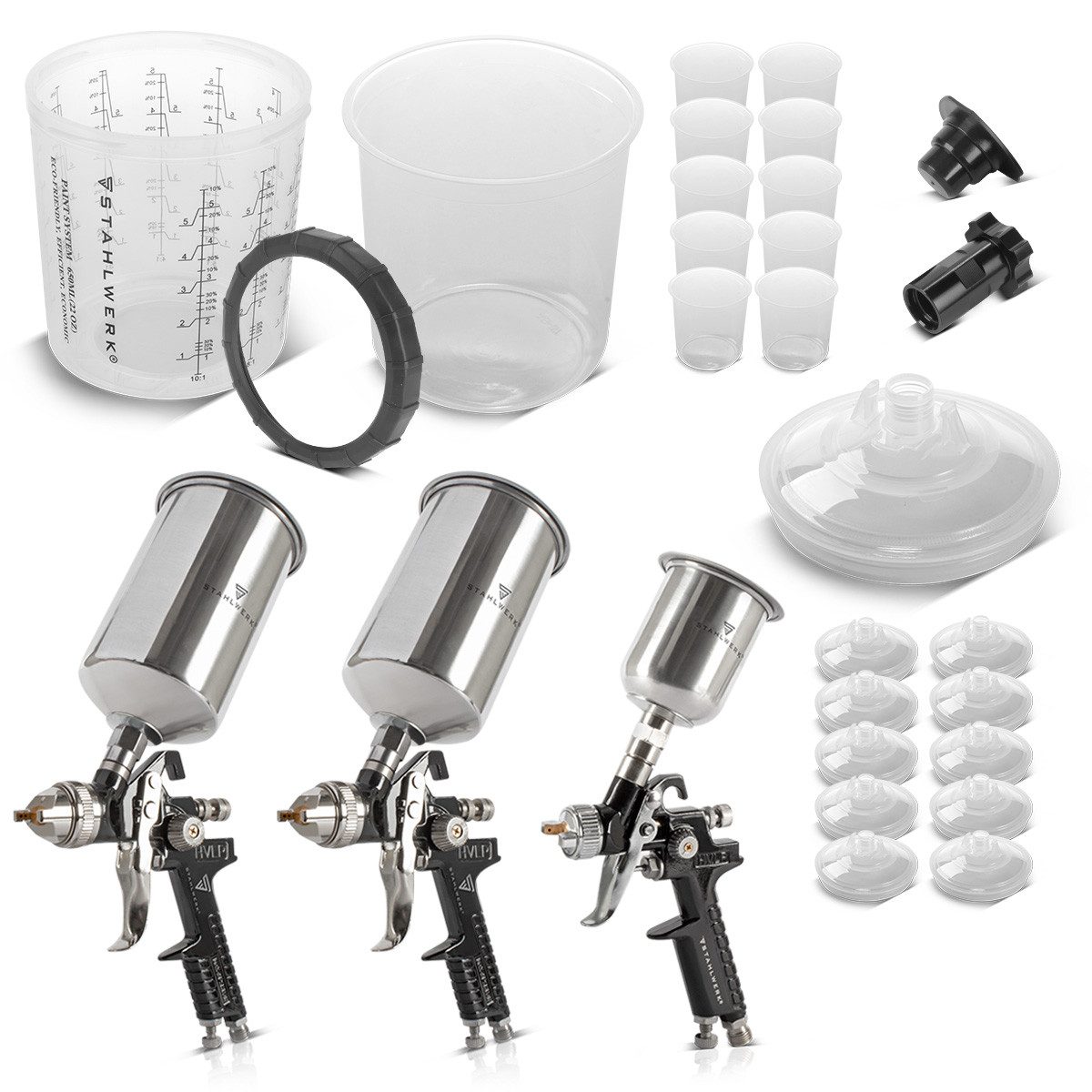 STAHLWERK Druckluftwerkzeug Lackierpistolen Set 3 x HVLP Spritzpistole Düsen 25 Mischbecher 650 ml, (2-tlg)