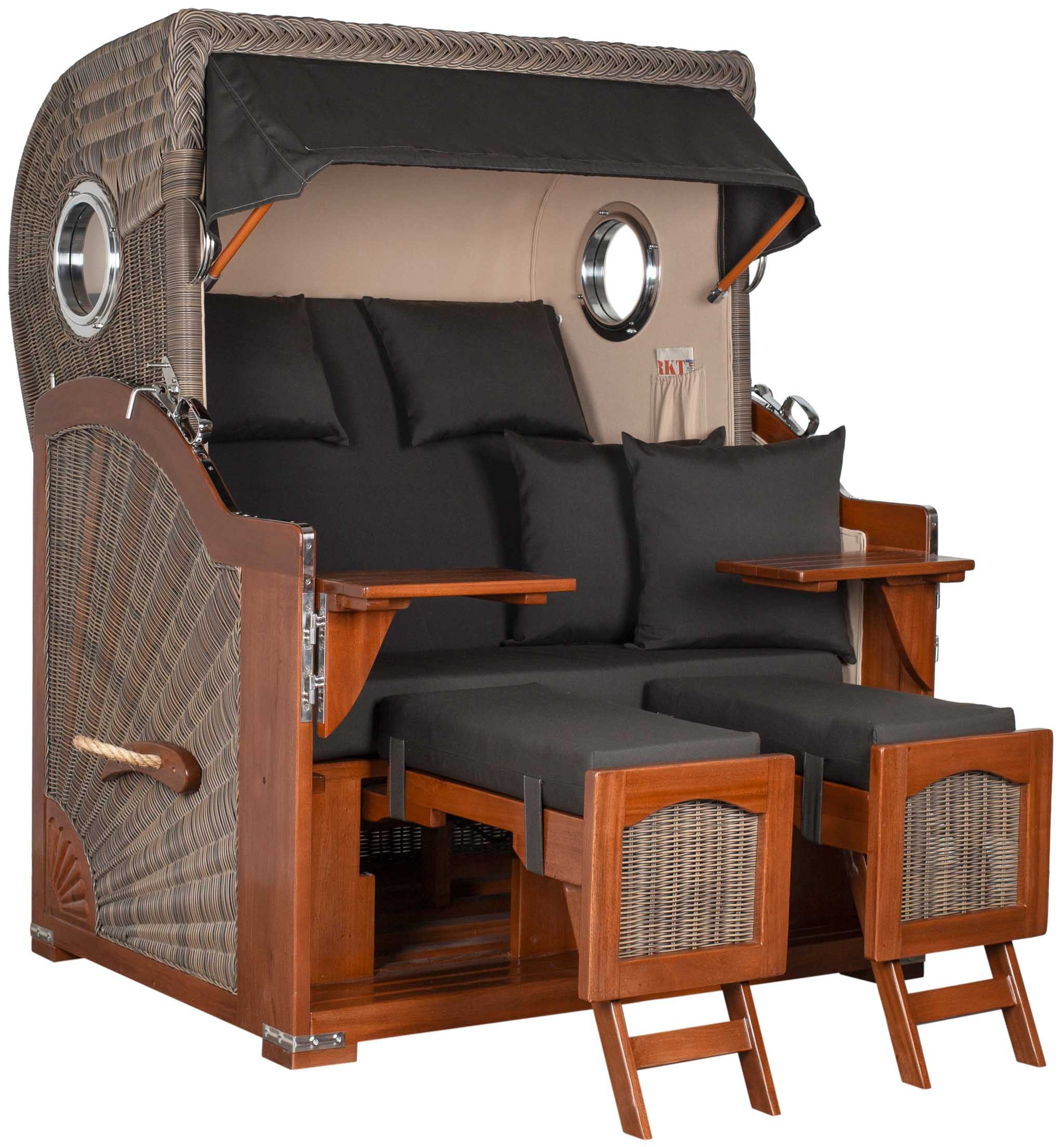 MR.DEKO Strandkorb 2-Sitzer Düne Bullauge Vollholz PE-Geflecht grau 125x170x80, BxTxH: 125x80x170 cm, 2-Sitzer Strandkorb, Strandkorb Düne Bullauge, (Fertig montierter Strandkorb für Garten, Terrasse & Balkon), Wetterfester Volllieger mit Edelstahlbeschlägen & waschbaren Polstern