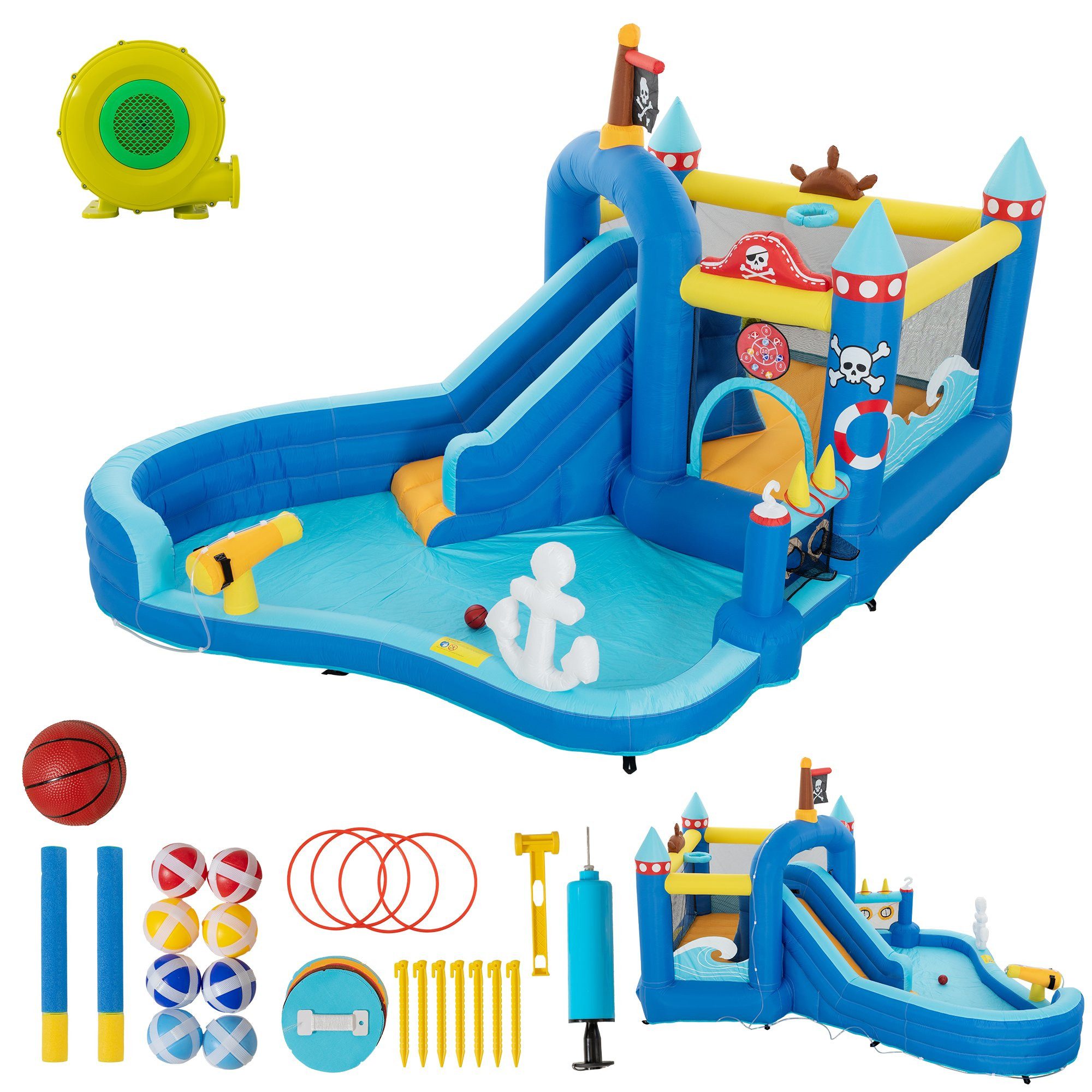 UEV Hüpfburg mit Gebläse Piraten-Thema Groß Aufblasbare Wasserpark Springburg, (444x348x260cm XXL für Kinder von 3-8 Jahre, mit Kletterwand Sicherheitsnetz Kindergeburtstag), für Indoor und Outdoor Wasserrutsche Springen