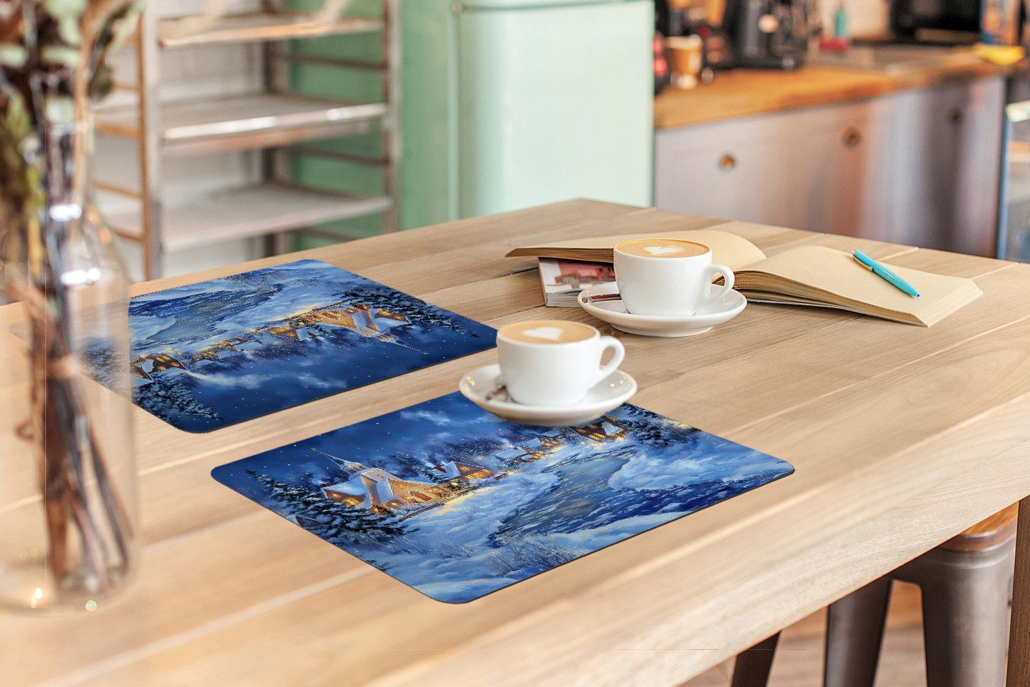 MuchoWow Platzset Winterabend - Weihnachtsdorf - Dunkelheit, (6-St), Platzsets, Tischset, Abwaschbar, Tischsets, Platzdeckchen – Bild 3 von 5