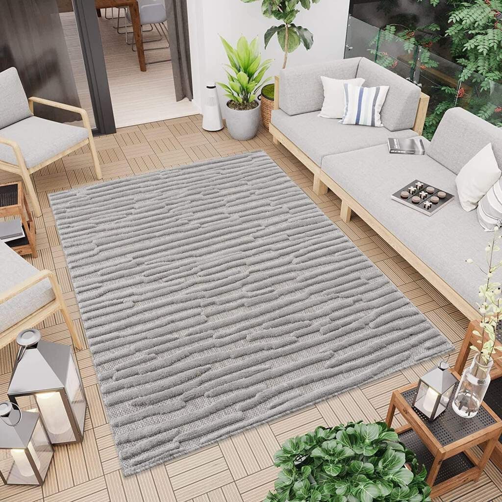Teppich In-& Outdoorteppich Santorini für grau Höhe: Wetterfest UV-beständig rechteckig, Carpet Balkon, 5 3D-Effekt, Terrasse, Flur 58394, Streifen, City, Küche, mm, &