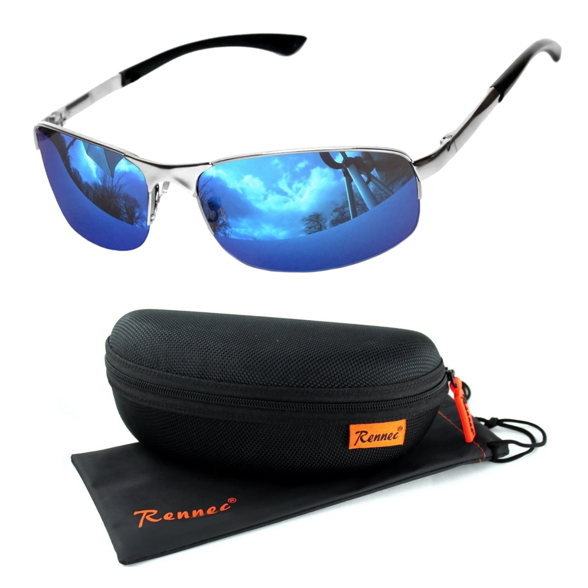 Rennec Sonnenbrille (Markenbrille mit Brillenbox und Brillenbeutel, schmale Metall Sonnenbrille Edelstahl mit Federscharniere) Halbrand Brille mit Federgelenke Blau Verspiegelt oder Schwarz Getönt