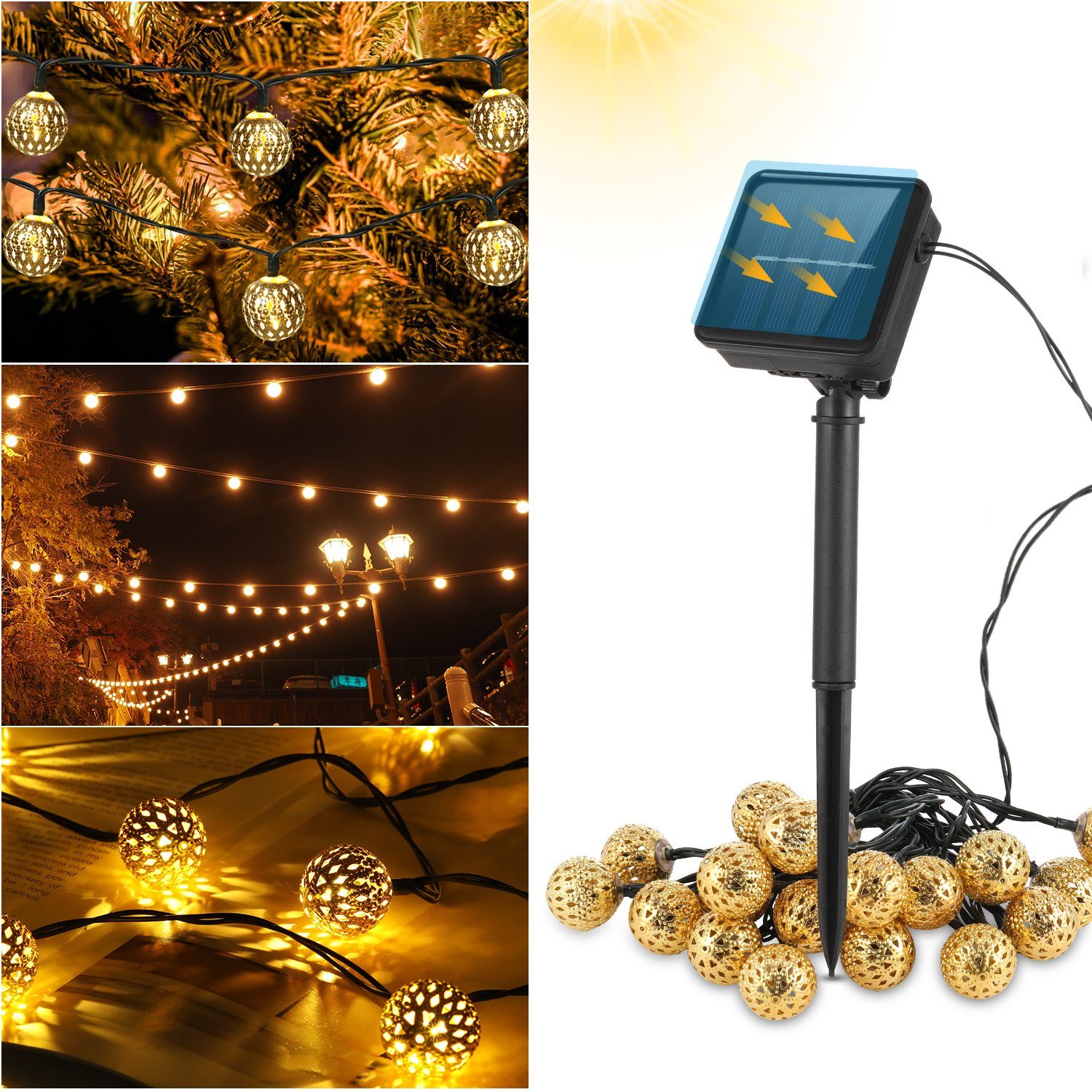LETGOSPT LED-Lichterkette 5m LED Solar Lichterkette, 20 LEDs Lampe Kugel Solarleuchte mit 8 Modi, IP65 Wasserdicht Lichterkette Innen Außen Garten Weihnachten Deko