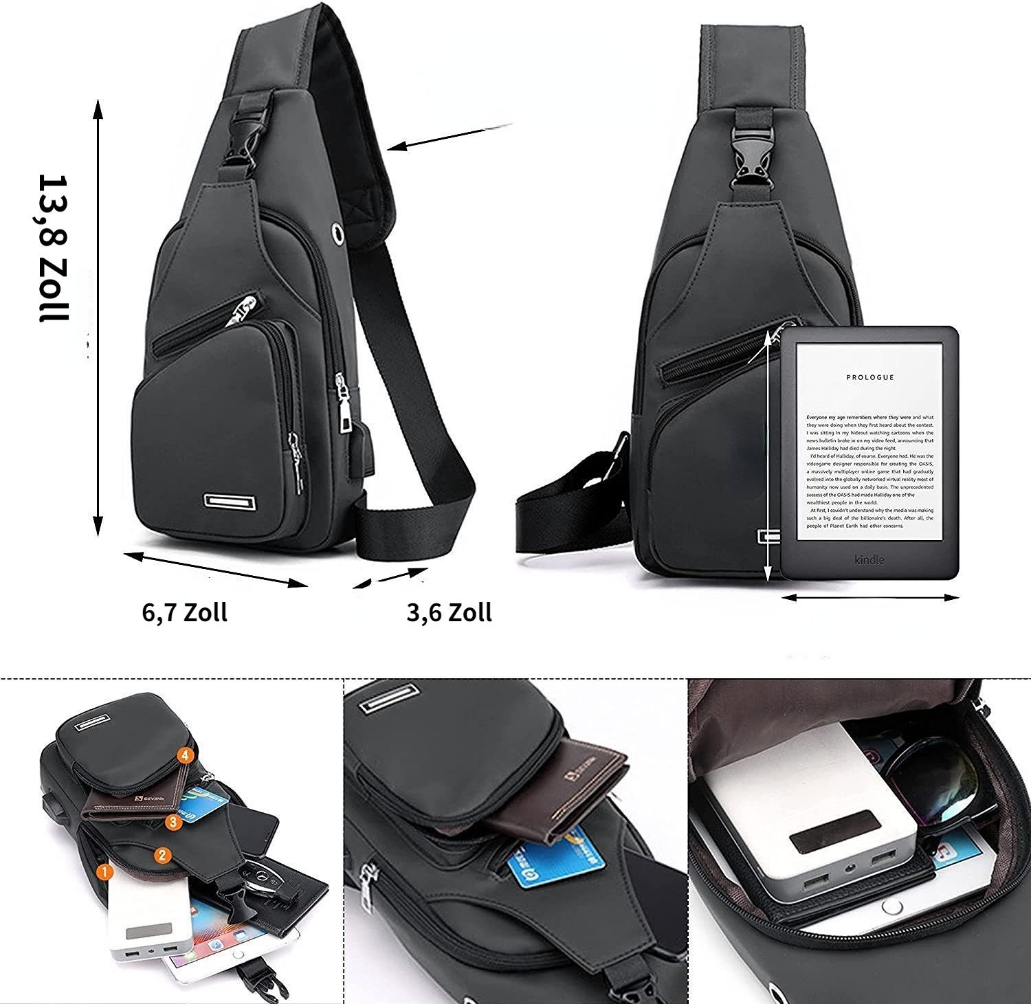 Blusmart Umhängetasche Universelle wasserdichte Umhängetasche für Damen und Herren (Messenger-Tasche, 1-tlg., Mit USB-Ladeanschluss und Kopfhöreranschluss), Geeignet für Reisen, Fitnessstudio, Wandern, Büro, Radfahren usw.